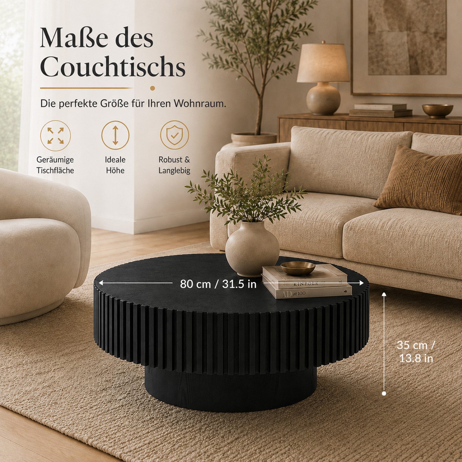 PEALOV Couchtisch Ø 80 × H 35 cm mit Rillenoptik (1-St), Moderner Sofatisch in Holzoptik für Wohnzimmer und Lounge – Bild 2 von 5