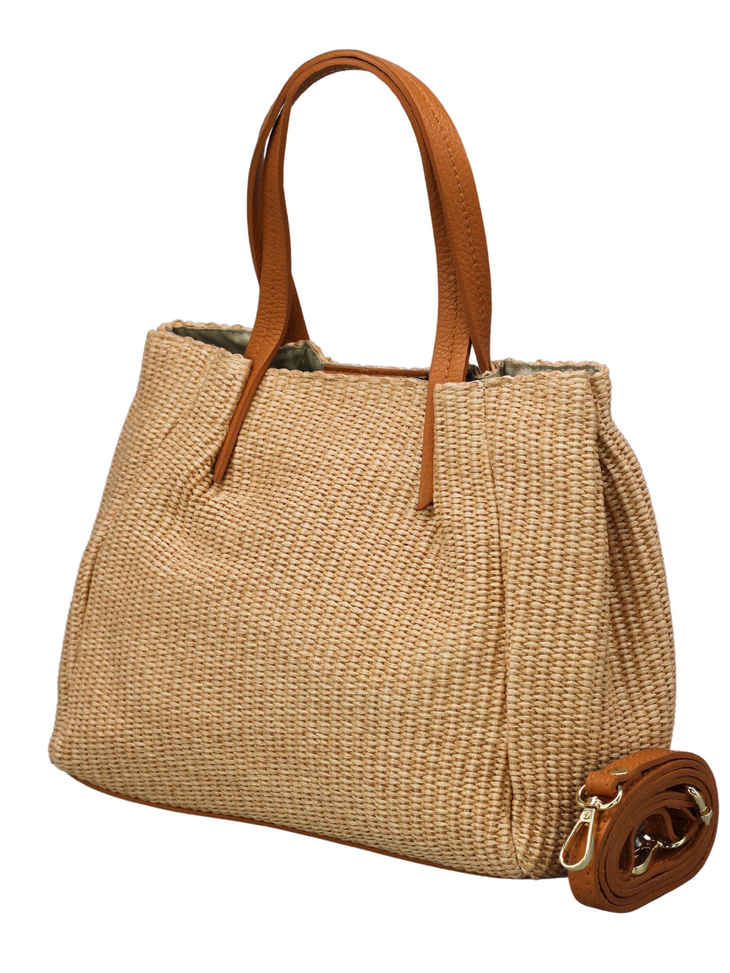 Schultertasche RITA Strohtasche für Damen, mit Leder, ideal für Sommer & Urlaub