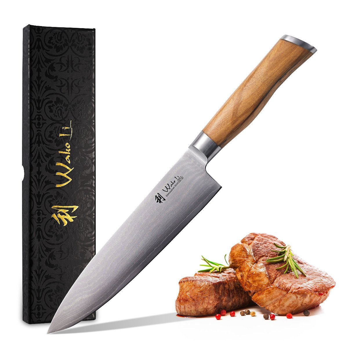 Wakoli Kochmesser mit Klingenlänge Olivenholzgriff cm 20,00 Chefmesser Damast Wakoli