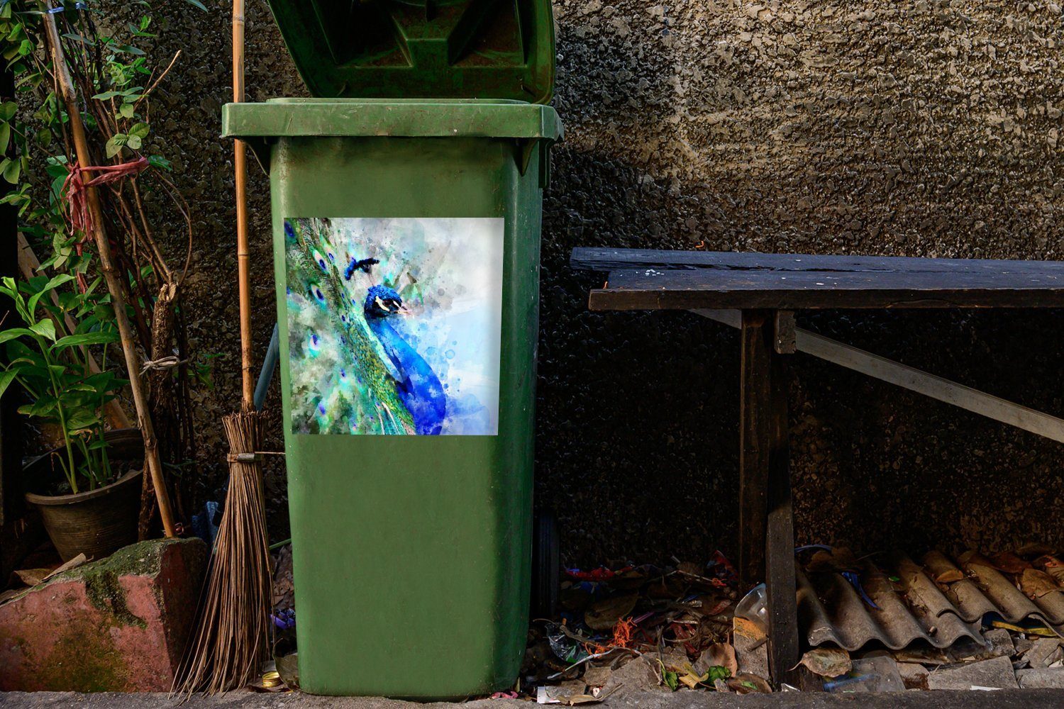 Sticker, Abfalbehälter (1 Aquarell Blau - Mülleimer-aufkleber, Pfau Container, Wandsticker Mülltonne, MuchoWow - St),