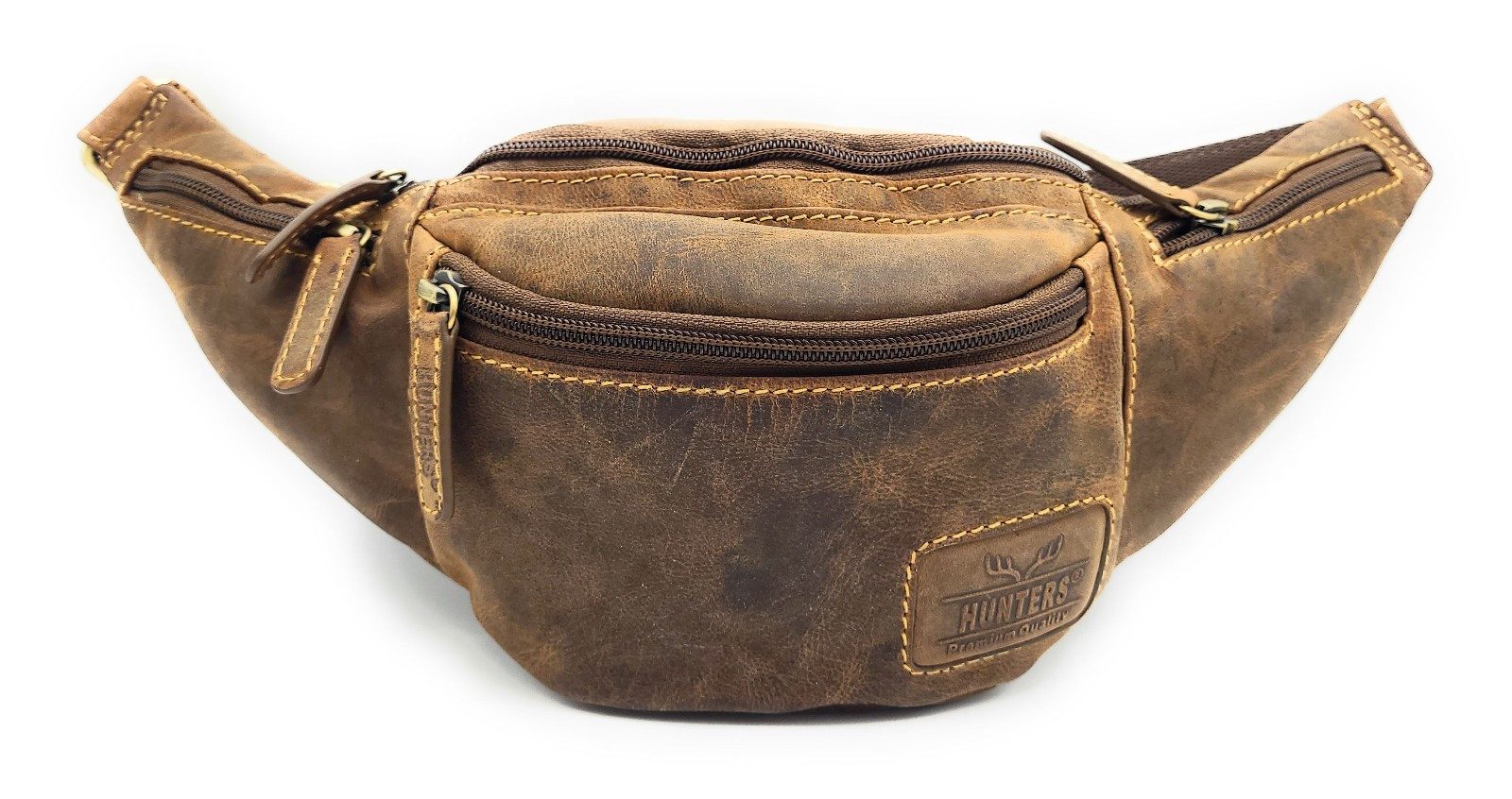 Lemasi Bauchtasche Gürteltasche aus Hunterleder – robust mit 5 Reißverschlussfächern