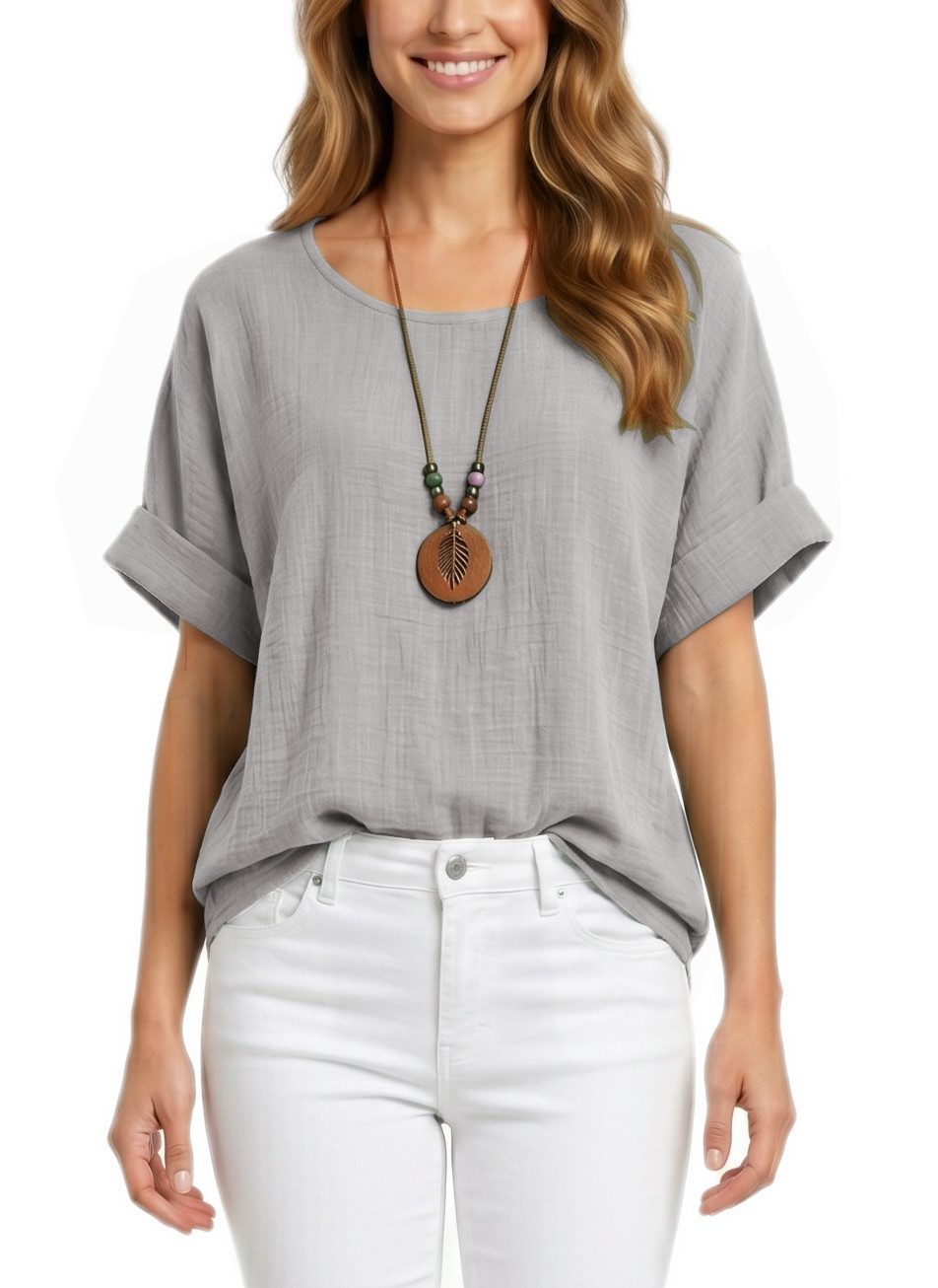 dy_mode Kurzarmbluse Damen Kurzarm Bluse Leichte Sommer Tunika Baumwollbluse Oberteil in Unifarbe, mit passende Kette