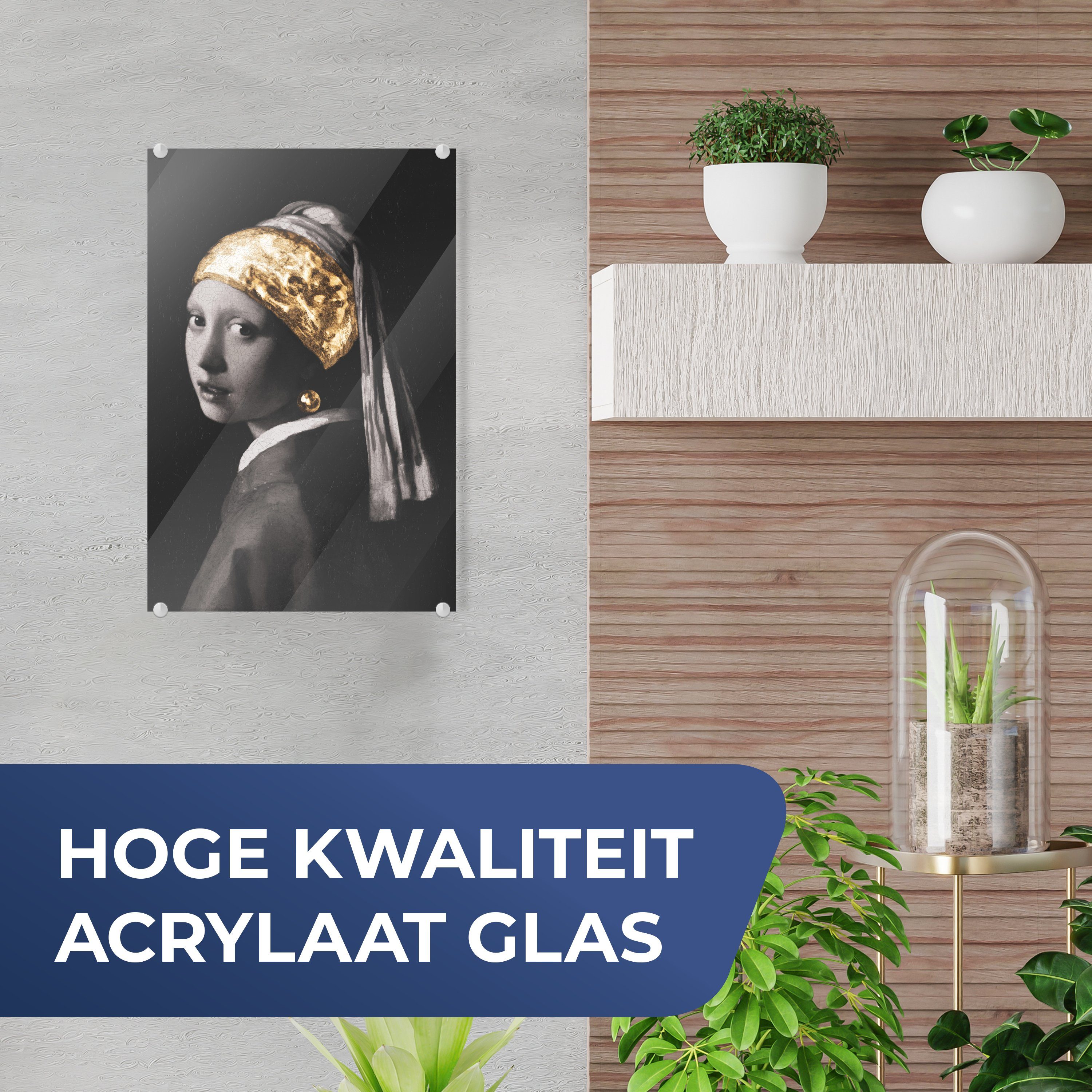 MuchoWow Acrylglasbild Mädchen mit - St), bunt Glasbilder - Glas (1 Foto Glas Bilder Vermeer Johannes auf - Perlenohrring auf Gold, - - einem Wandbild Wanddekoration