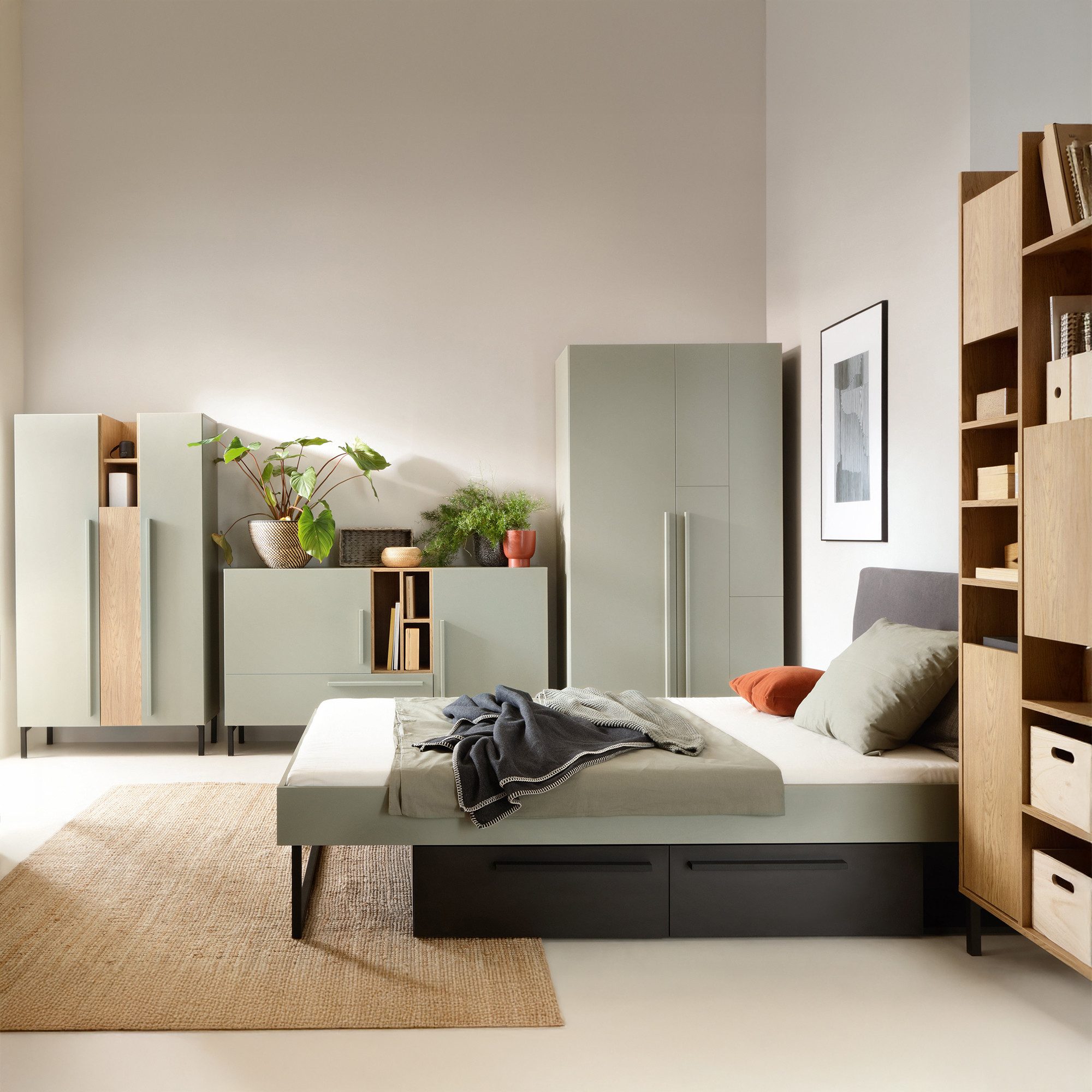 Lomadox Jugendzimmer-Set SCHAKI-133, (Sparset, 5-tlg., Eckschreibtisch Wandregal Bett Hochschrank Kommode), in Grün mit Eiche dunkel, Schwarz