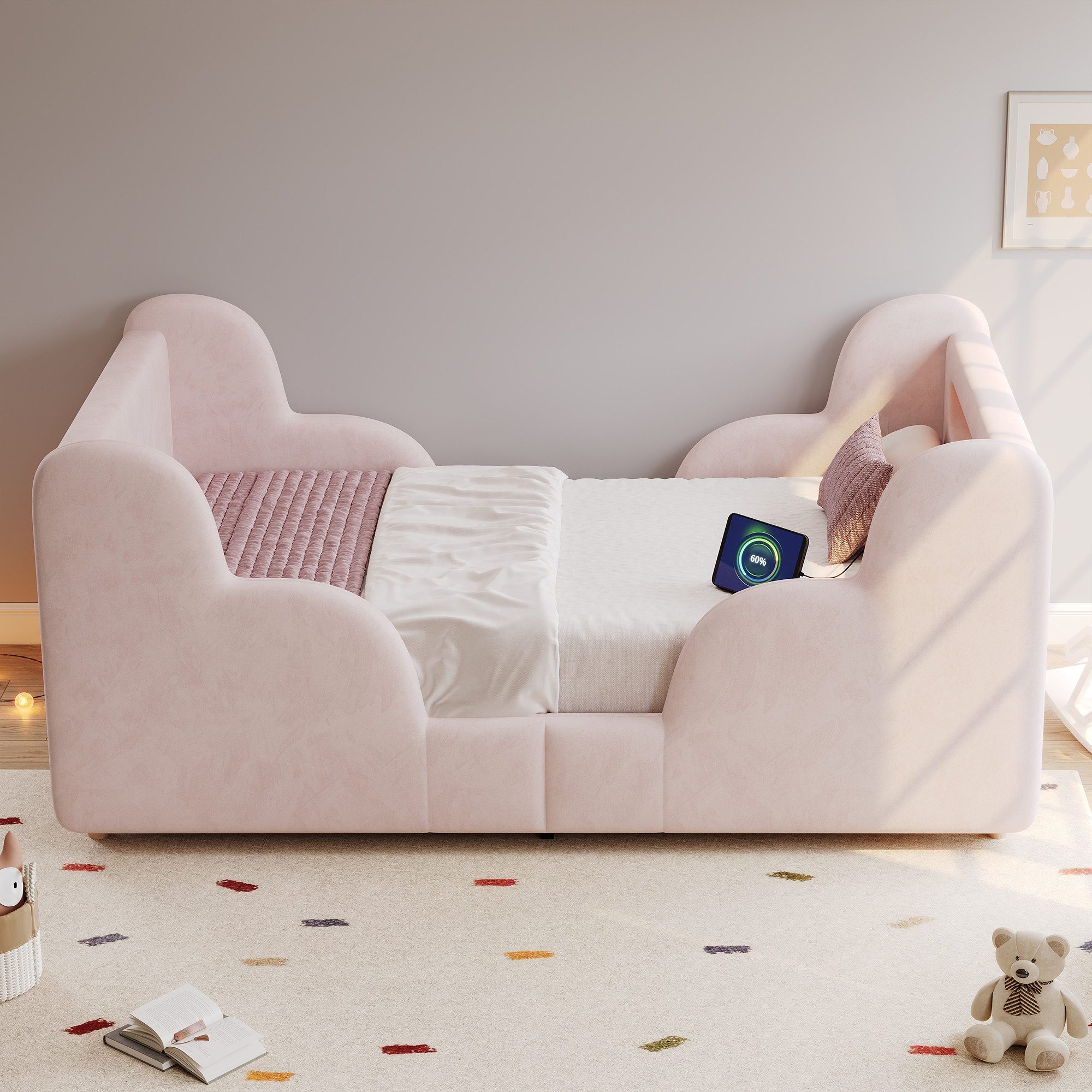 REDOM Polsterbett Kinderbett mit Schutzgeländer, Nachtlicht (Bettbeine, ohne Bettkasten und Matratze, Rosa), USB, Ablagefächer, 90x200cm, Samt