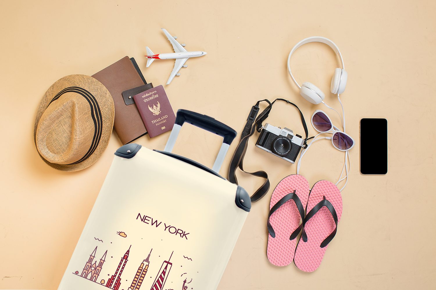 MuchoWow Handgepäckkoffer New York Handgepäck Reisekoffer Freiheitsstatue Ferien, - - mit Skyline, für rollen, Rollen, Trolley, Reisetasche 4