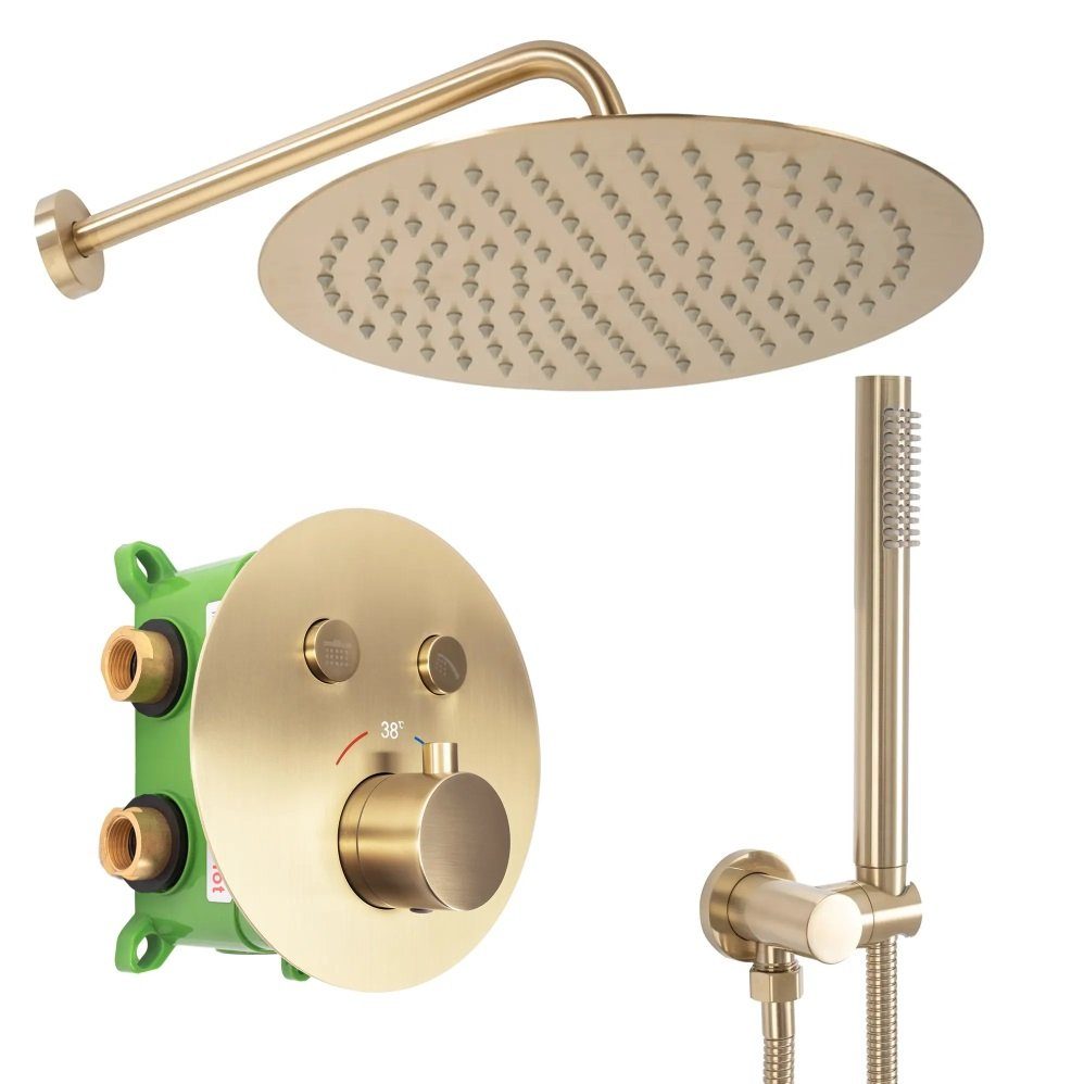 wohnwerk.idee Duschsystem Dusche Unterputz mit Thermostat Regendusche Gold Matt Poliert
