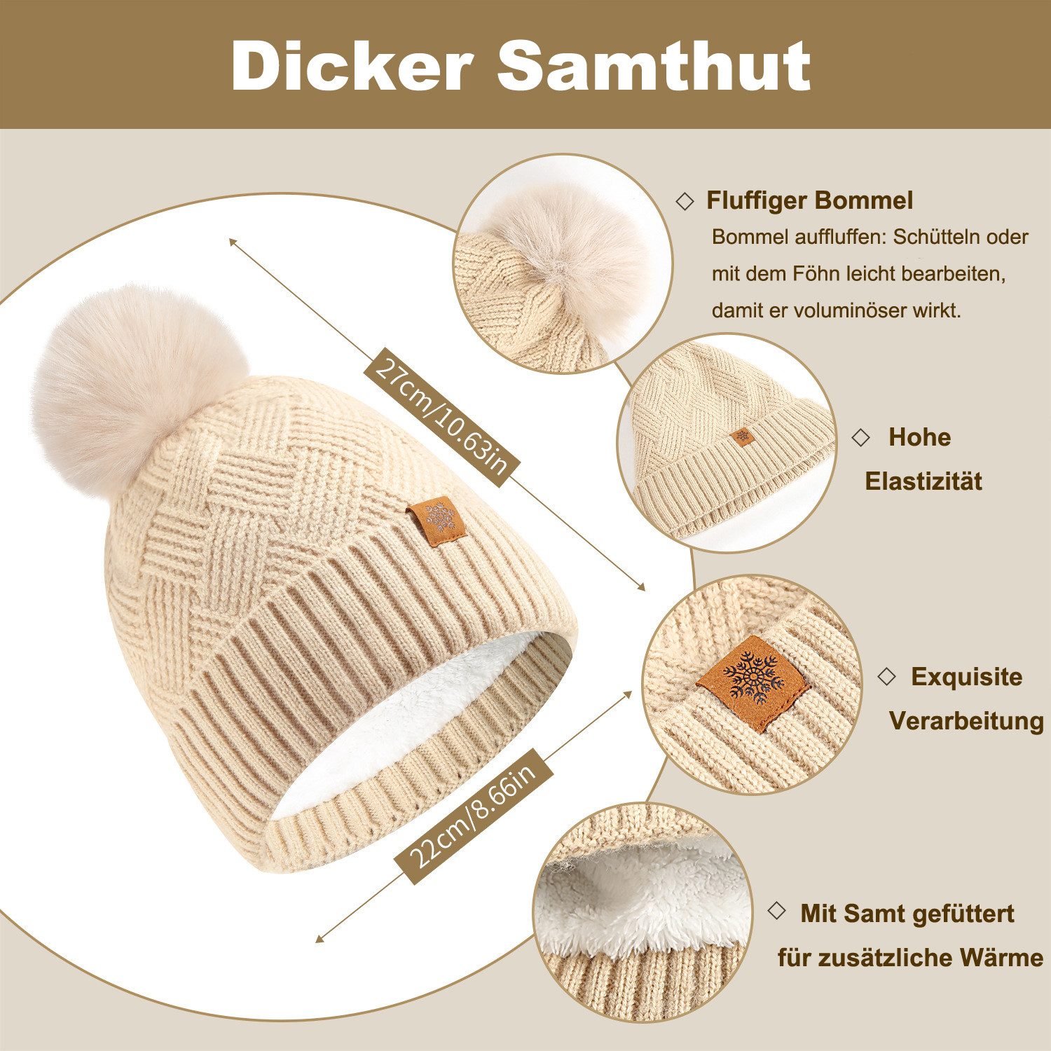 Coonoor Mütze & Schal Damen Winter-Set, Mütze mit Bommel, Schal & Touchscreen-Handschuhe (3-tlg) Fleece gefüttert, warmes 3-in-1 Geschenkset – Bild 5 von 5