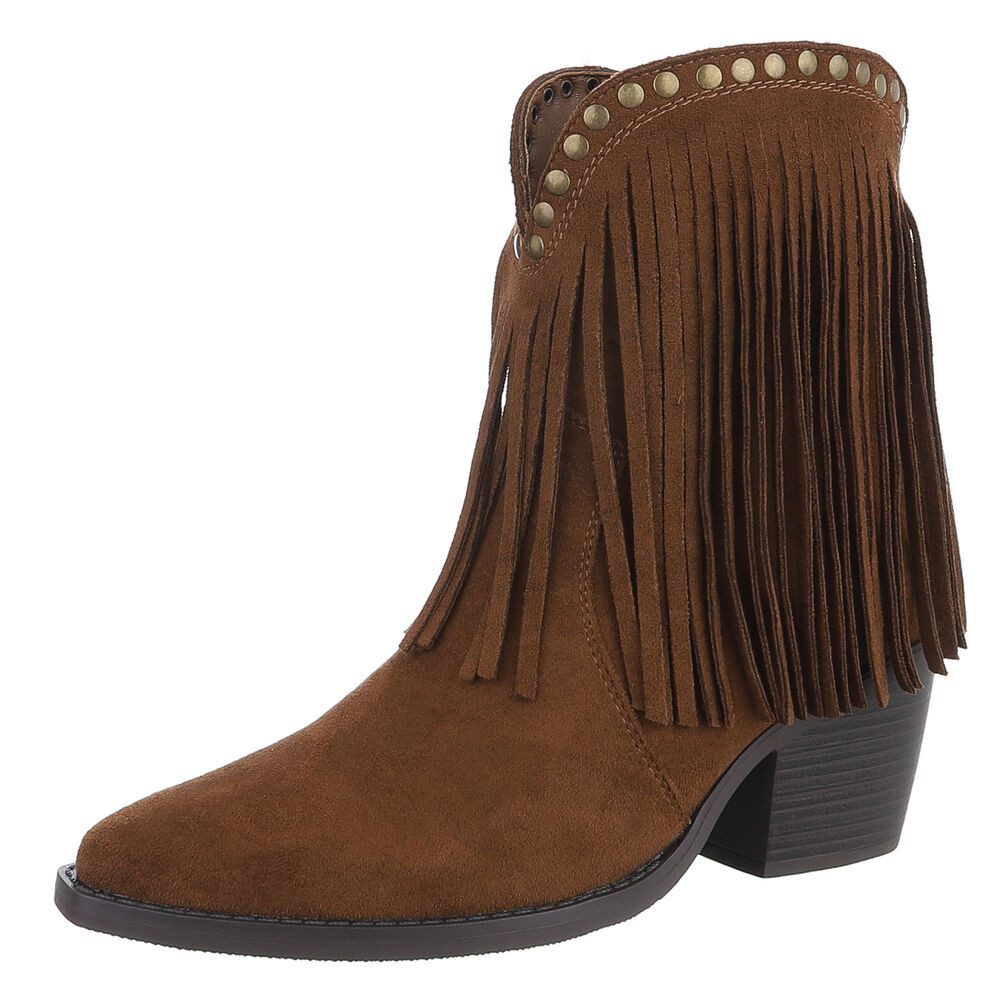 Ital-Design Stiefeletten mit Fransen und Nieten für Damen Westernstiefelette (90704185) Blockabsatz Stiefeletten in Braun