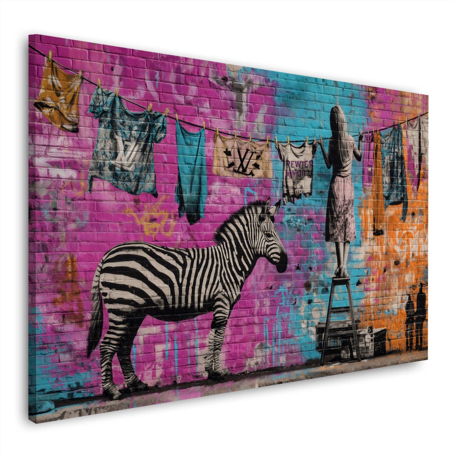 Artedinoi Leinwandbild Graffiti Art Wand Mädchen auf Leiter Zebra Wandbild Leinwandbild Kunst, Mädchen auf Leiter, Zebra