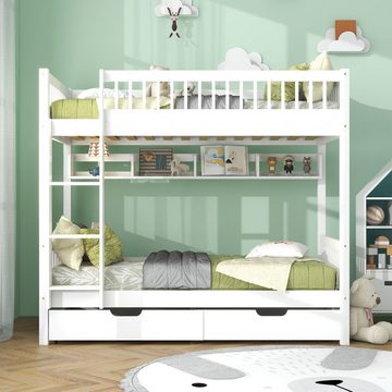 REDOM Etagenbett Kinderbett, mit 3-tufige rechtwinklige Leiter (mit Fallschutzgitter, Regale und MDF-Schubladen, Kiefernholzrahmen, 90x200cm), ohne Matratze