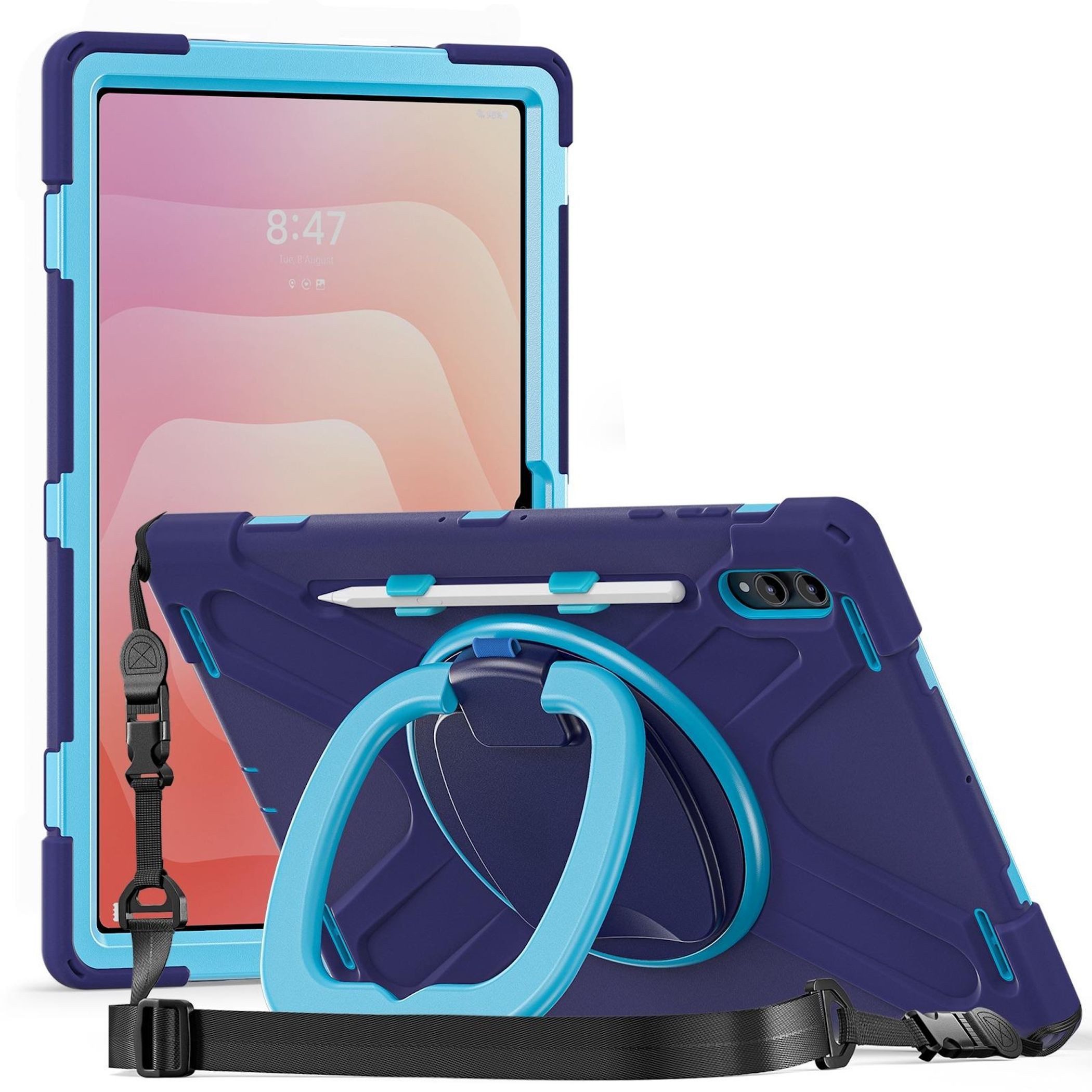 Wigento Tablet-Hülle Für Samsung Galaxy Tab S11 Ultra Hybrid Hülle Halter & Gurt Blau, 360° drehbar, stoßfest, Schultergurt