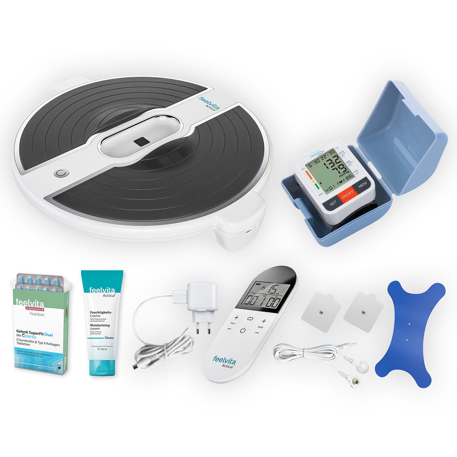 Genius EMS-Fußmassage-Gerät Feelvita Acticur Aktiv SET EMS Bein-Fuß Stimulator & SuperFit, (14-tlg. Set), Praktisches Schwenkelement -- FlexShifter
