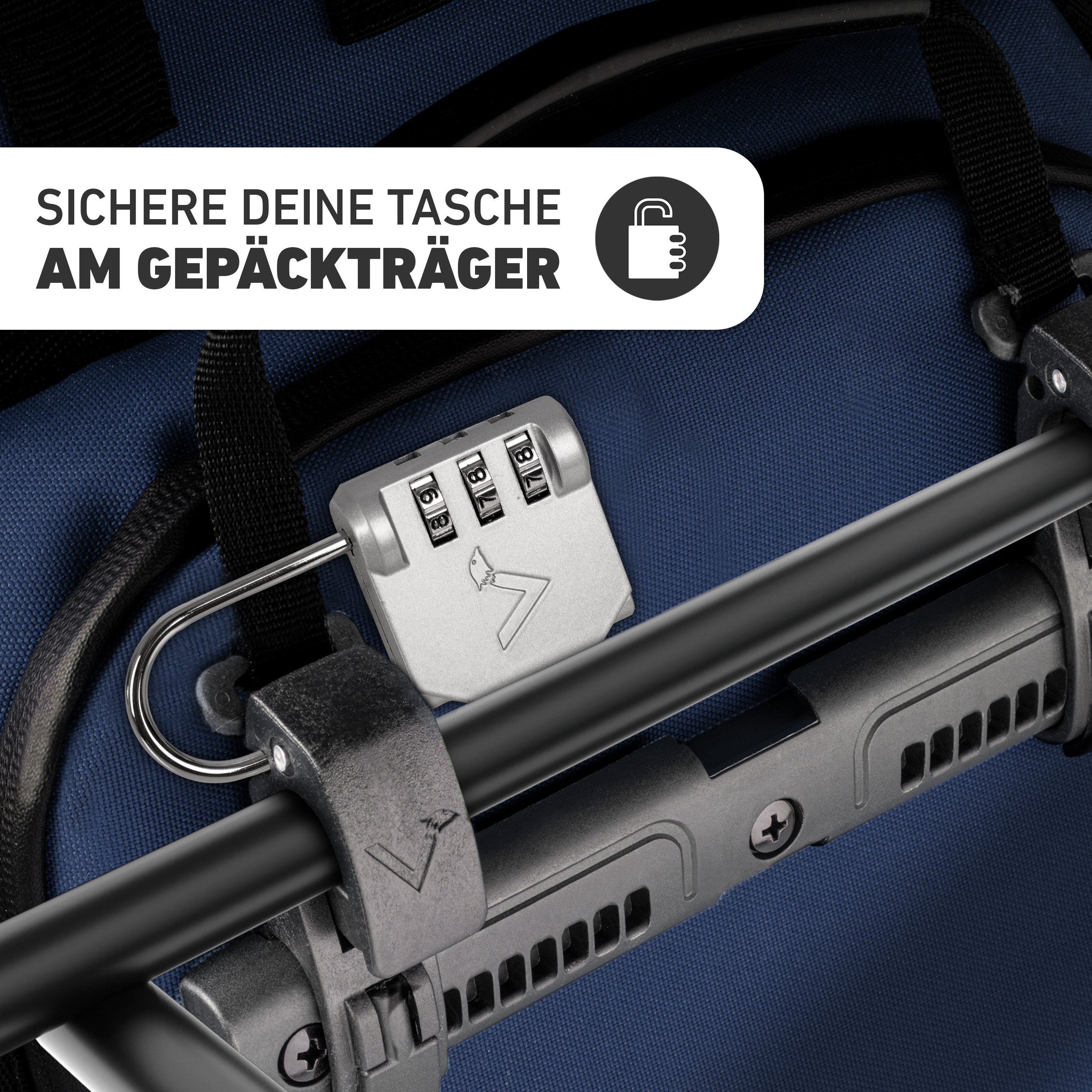 Valkental Zahlenbügelschloss QuickLock, verriegelt Fahrradtasche an Gepäckträger