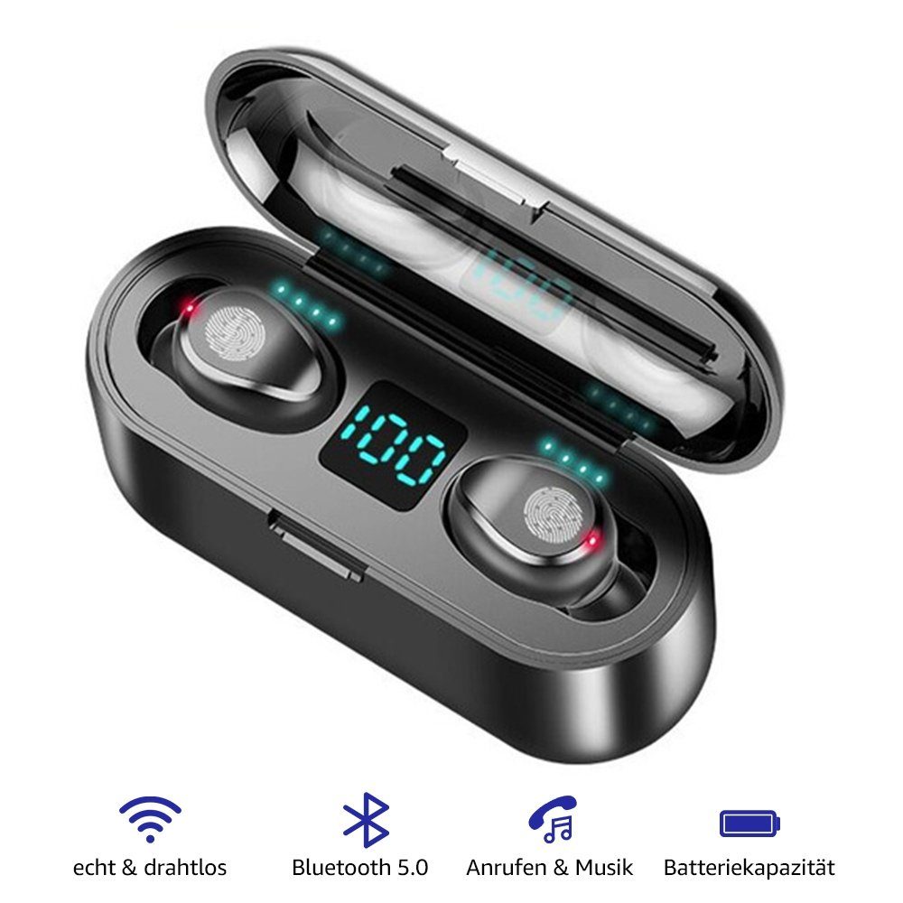 Bluetooth-Kopfhörer Greensky In-Ear-Kopfhörer Google True Anzeige) F9, Assistent, LED Noise-Cancelling, (Siri, Schwarz Freisprechfunktion, Wireless mit
