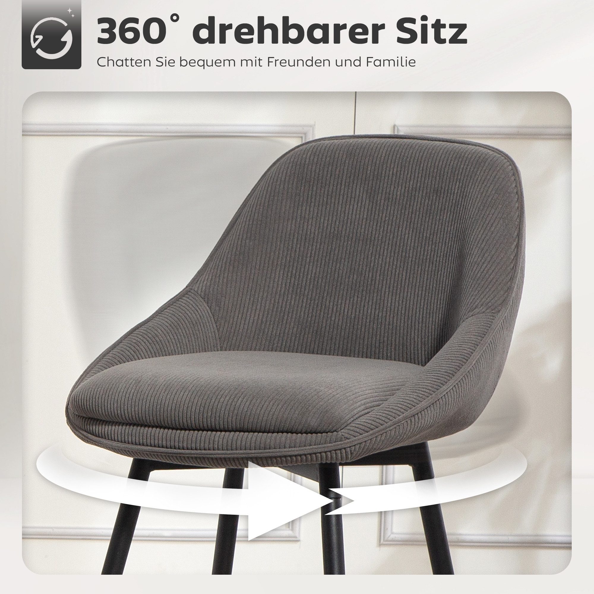 HOMCOM Barhocker Drehbar Tresenhocker mit Fußstütze, Rückenlehne, Kord-Optik (Bistrohocker, 2 St., Barstuhl), für Esszimmer, Grau – Bild 4 von 5