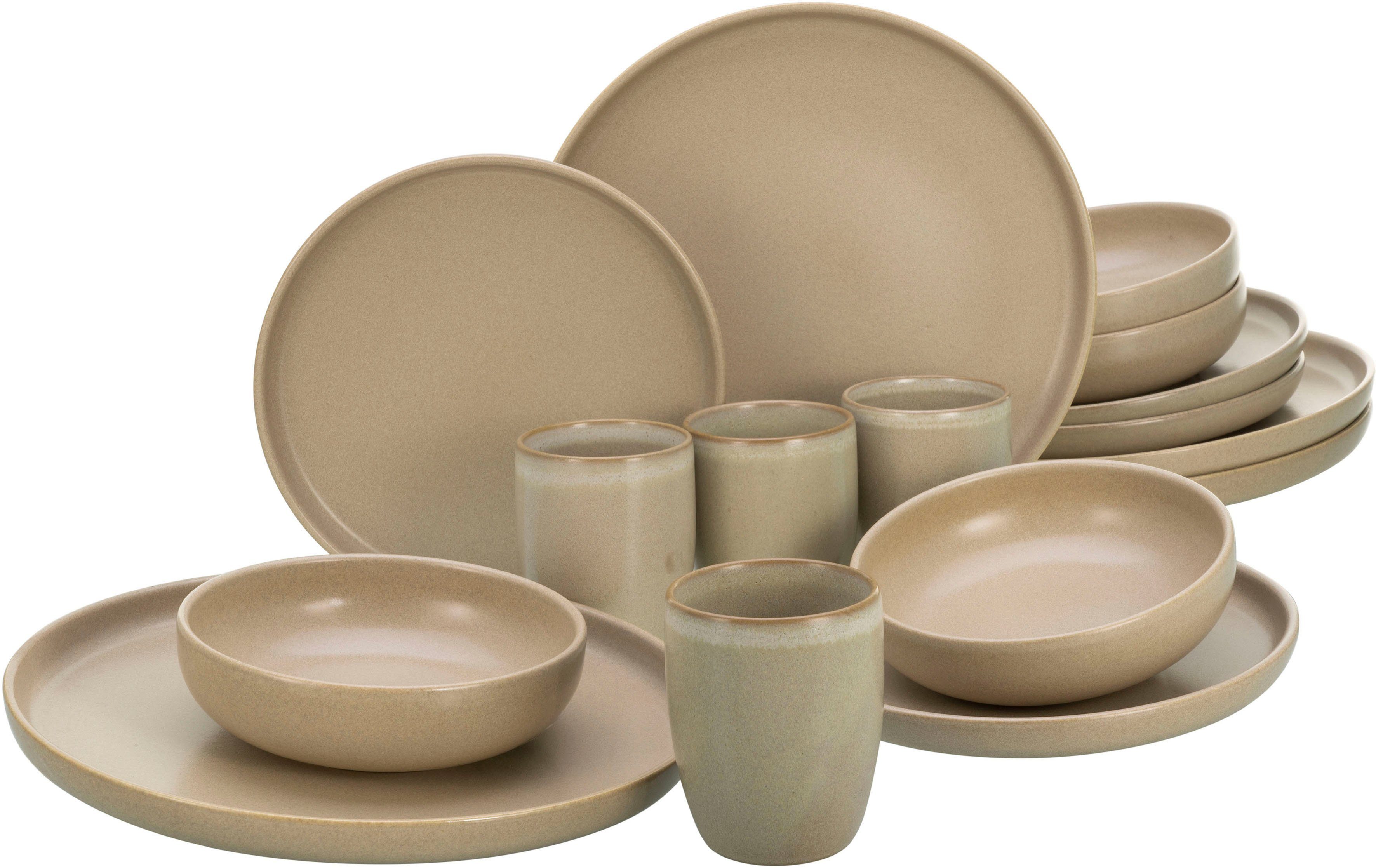 CreaTable Kombiservice Uno (16-tlg), 4 Personen, Steinzeug, seidenmatte Oberfläche, jedes Stück ein Unikat