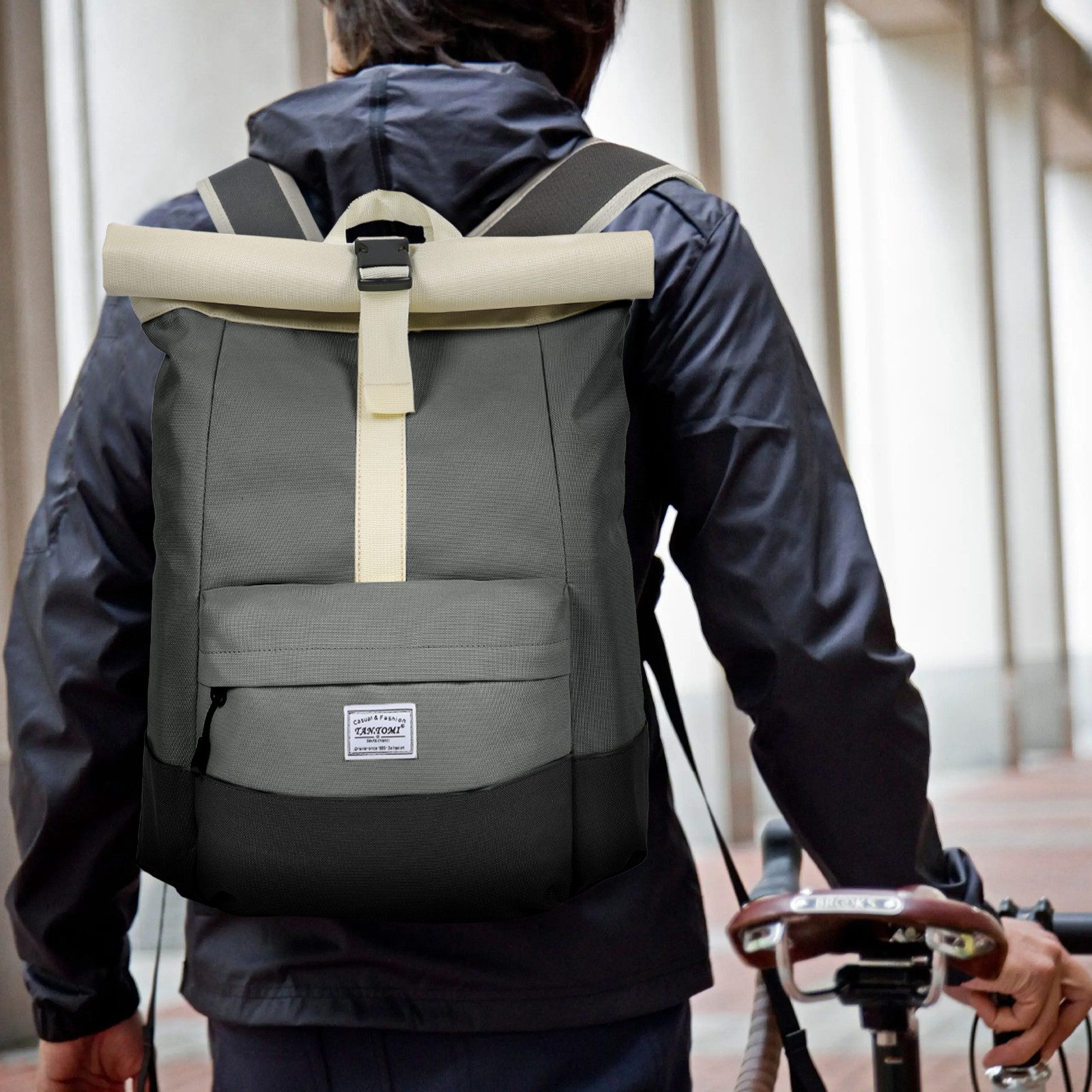 TAN.TOMI Cityrucksack Rolltop Rucksack Damen Herren Tagesrucksack mit Laptopfach, Modern Rolltop Rucksack Daypack, Wasserabweisend
