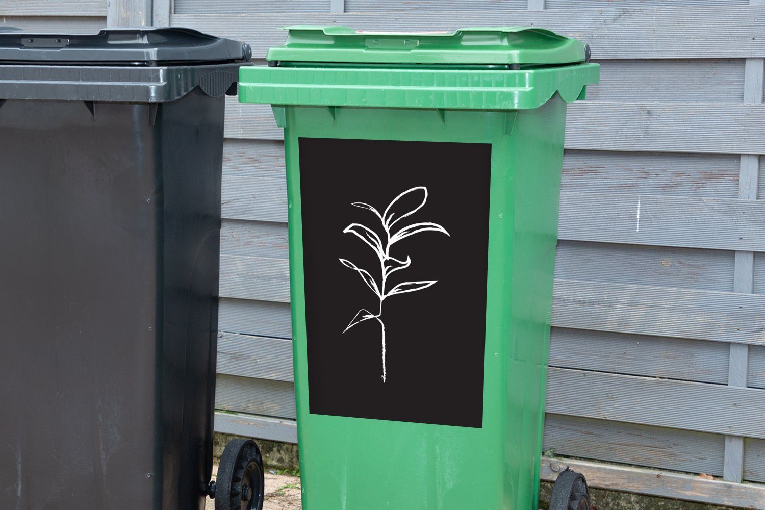 Wandsticker Strichzeichnung - - Mülleimer-aufkleber, Abfalbehälter Weiß Schwarz (1 Container, Mülltonne, St), Pflanze Sticker, - MuchoWow