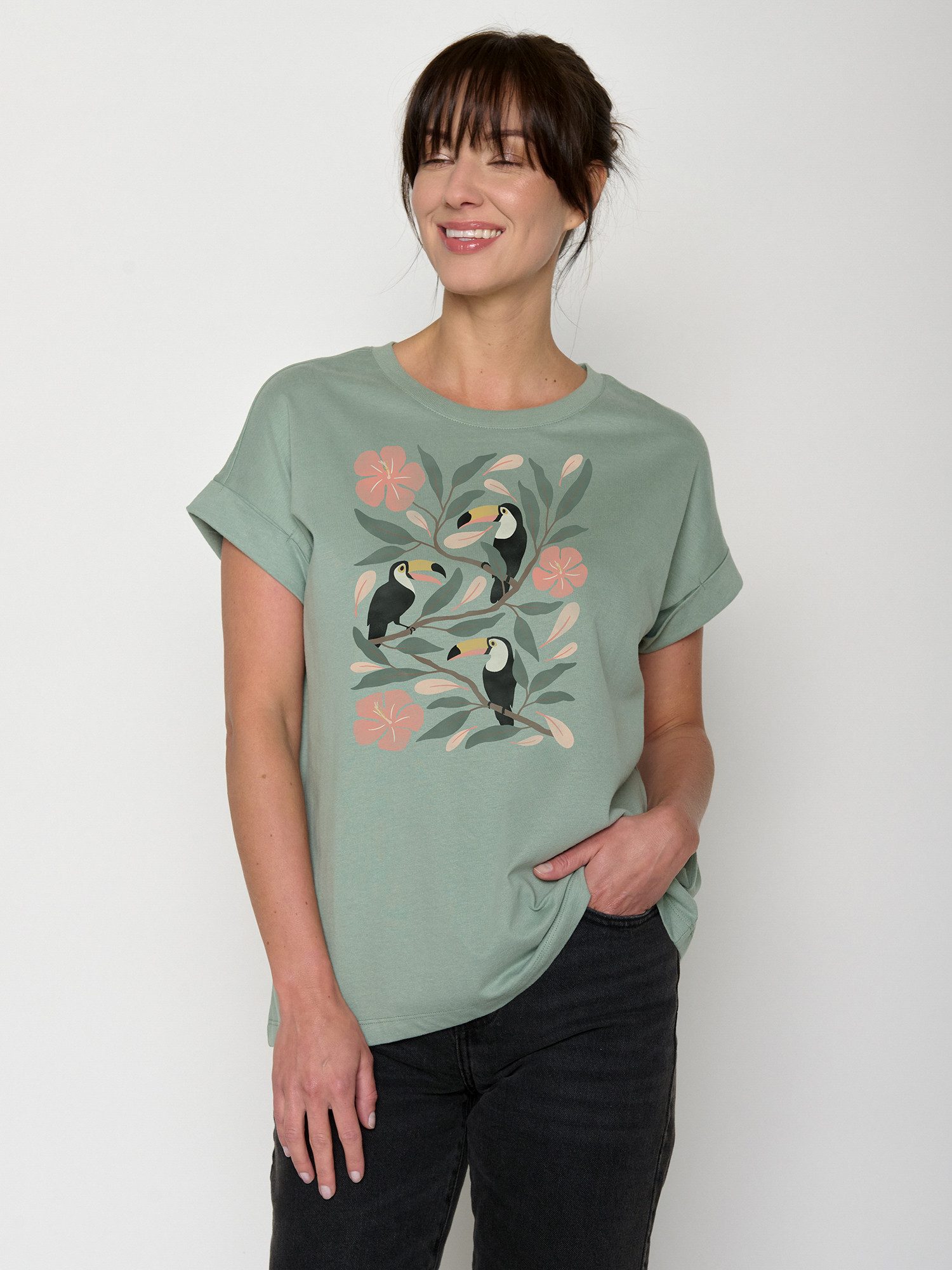 GreenBomb T-Shirt Loony Tucan Flower (1-tlg., 1) Rundhalsausschnitt, Bio-Baumwolle, GOTS Zertifiziert