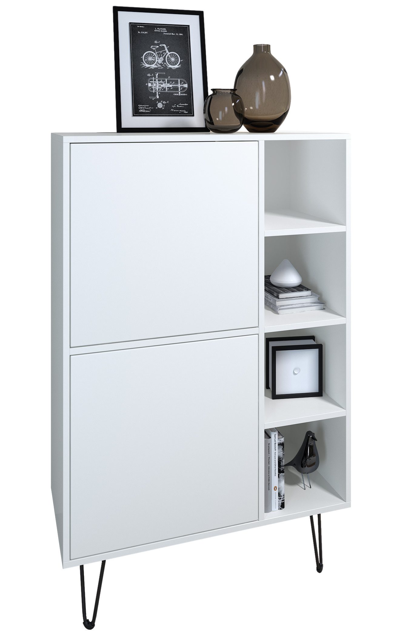 Vladon Sideboard Havana V1 (Schrank mit 2 Türen und 4 offene Fächer, Kommode Made in Germany), Weiß matt / Weiß matt (124 x 79 x 35 cm)