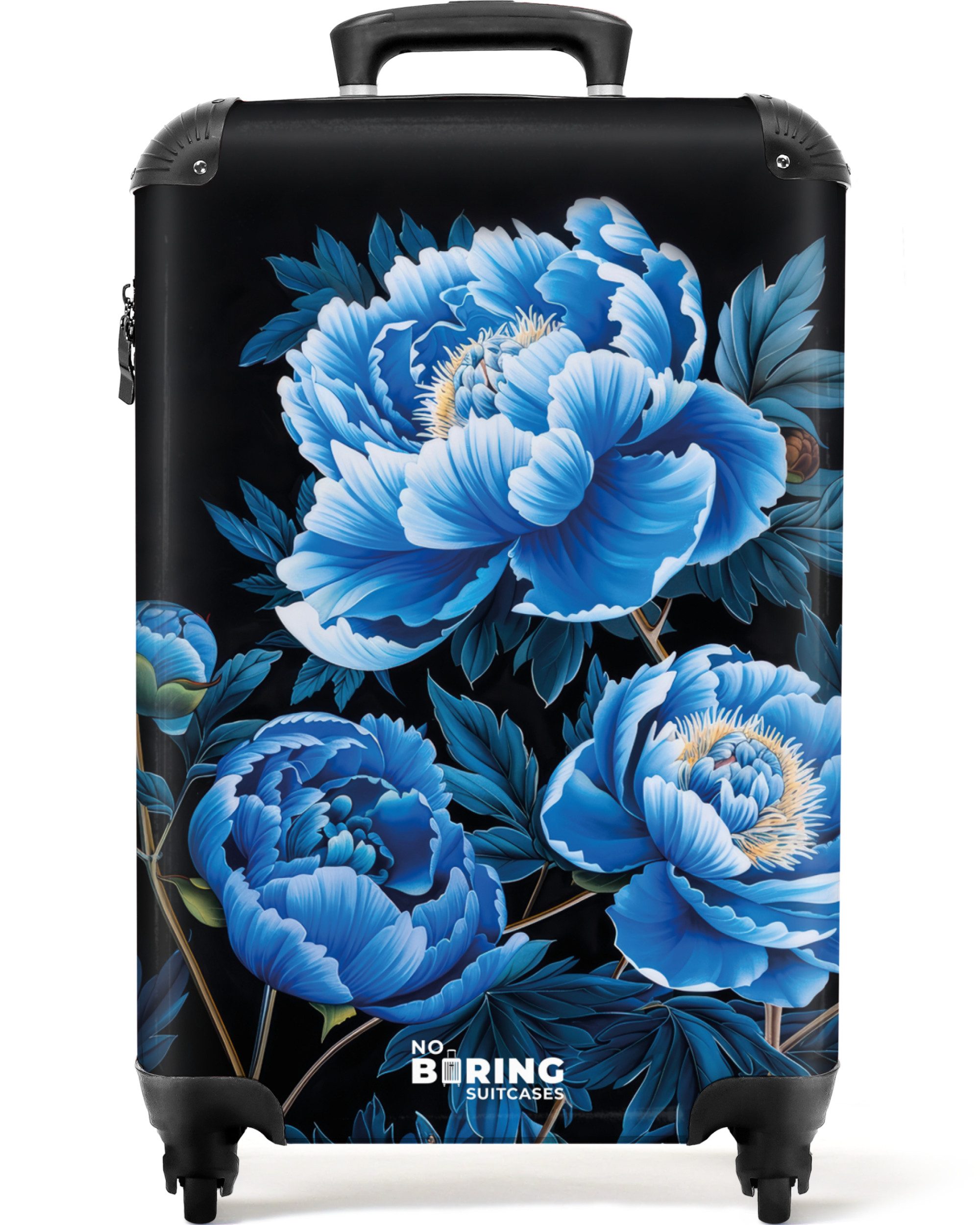 NoBoringSuitcases.com© Hartschalen-Trolley Schwarz mit blauen Pfingstrosen günstig online kaufen