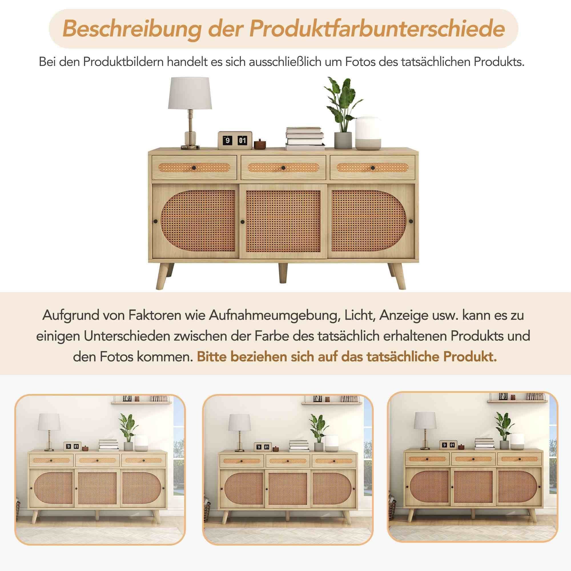 BlingBin Sideboard PE-Kunststoff-Rattantür, St), Schubladen, 3 verstellbaren 140 (1 cm Schiebetüren 3 Einlegeböden, lang