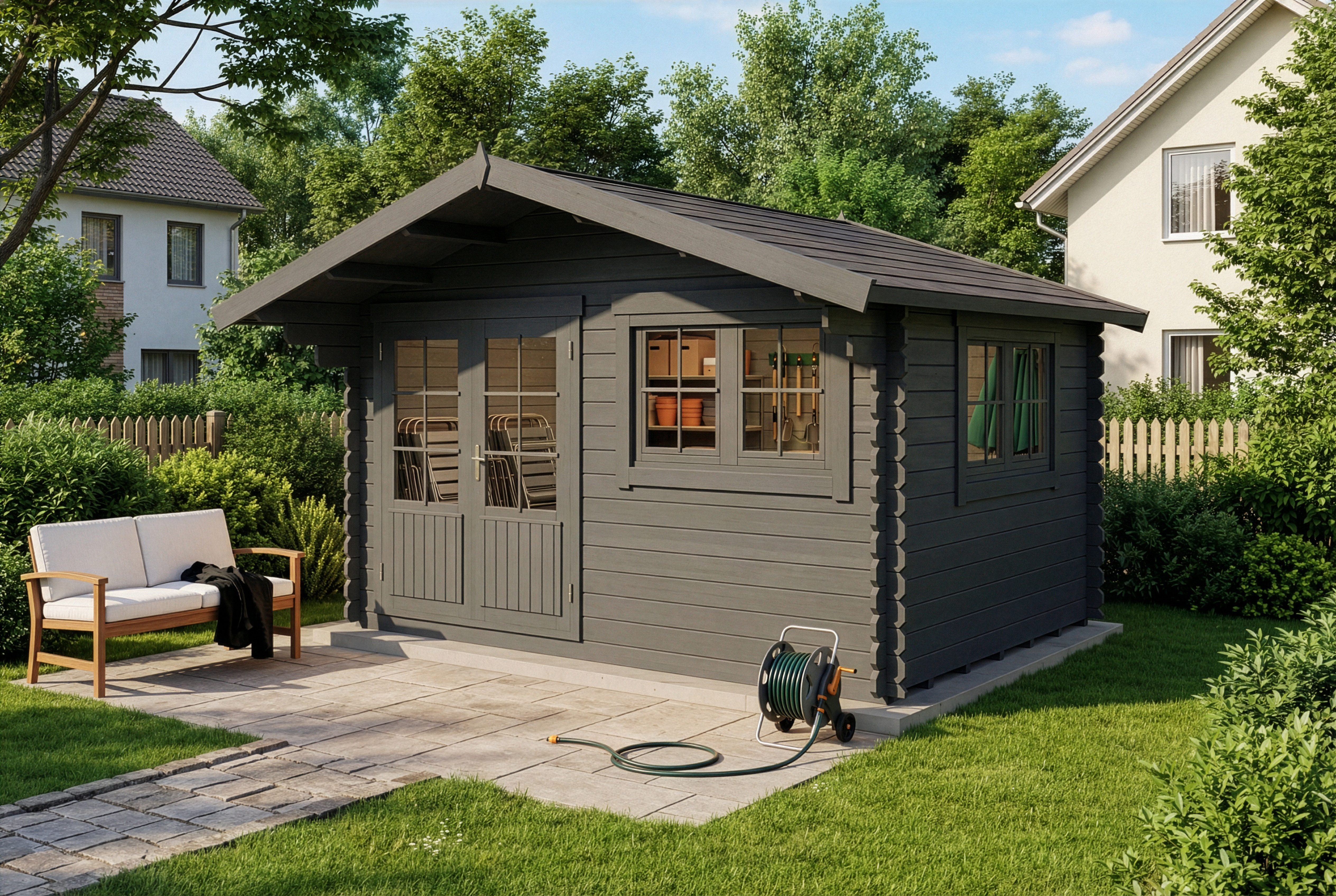 Alpholz Gartenhaus Holz Gabriel 400 x 300 cm, BxT: 435x367 cm, in Imprägniert (Grau) Inkl. Fußboden mit 34mm Wandstärke