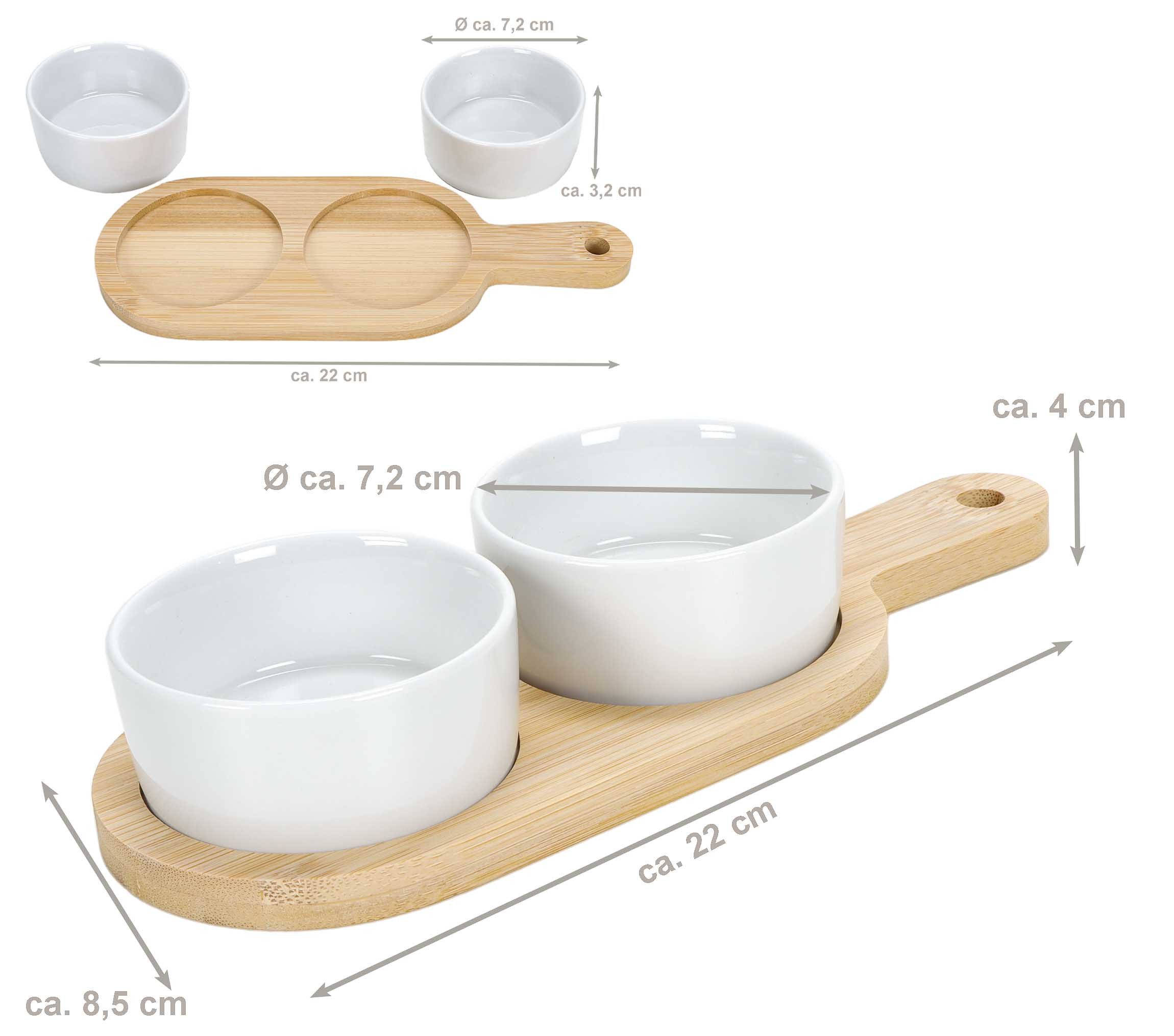 Bubble-Store Tapas-Schale 3-tlg. Tapas-Set, Keramik, Bambus, (2 Keramik-Schalen, 1 Bambustablett, 3-tlg), Tapas Schälchen aus Keramik mit Bambus Servierbrett