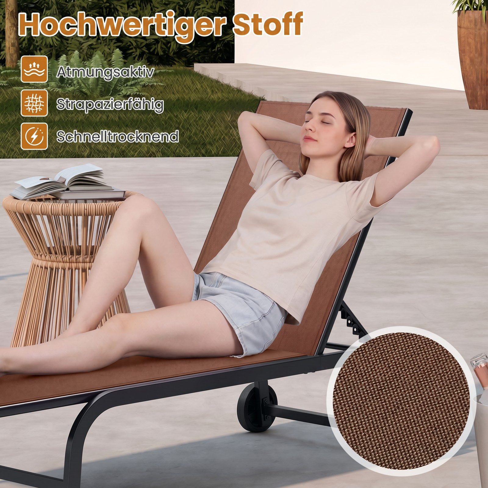 COSTWAY Gartenliege, Sonnenliege mit Rollen, 6-fach verstellbare Rückenlehne