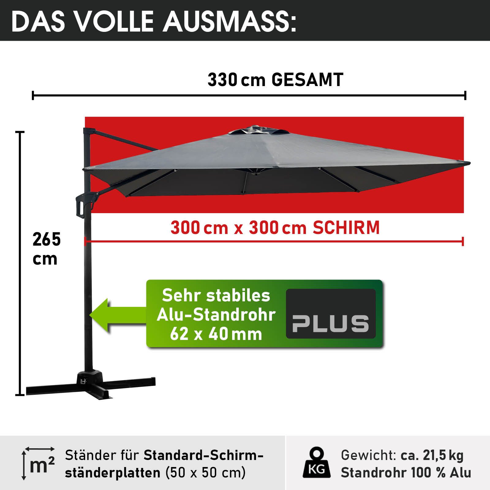 BRAST Sonnenschirm Ampelschirm Alu, UV-Schutz 50+, wetterfest rostfrei 360°, LxB: 300x300 cm, inkl. Schützhülle