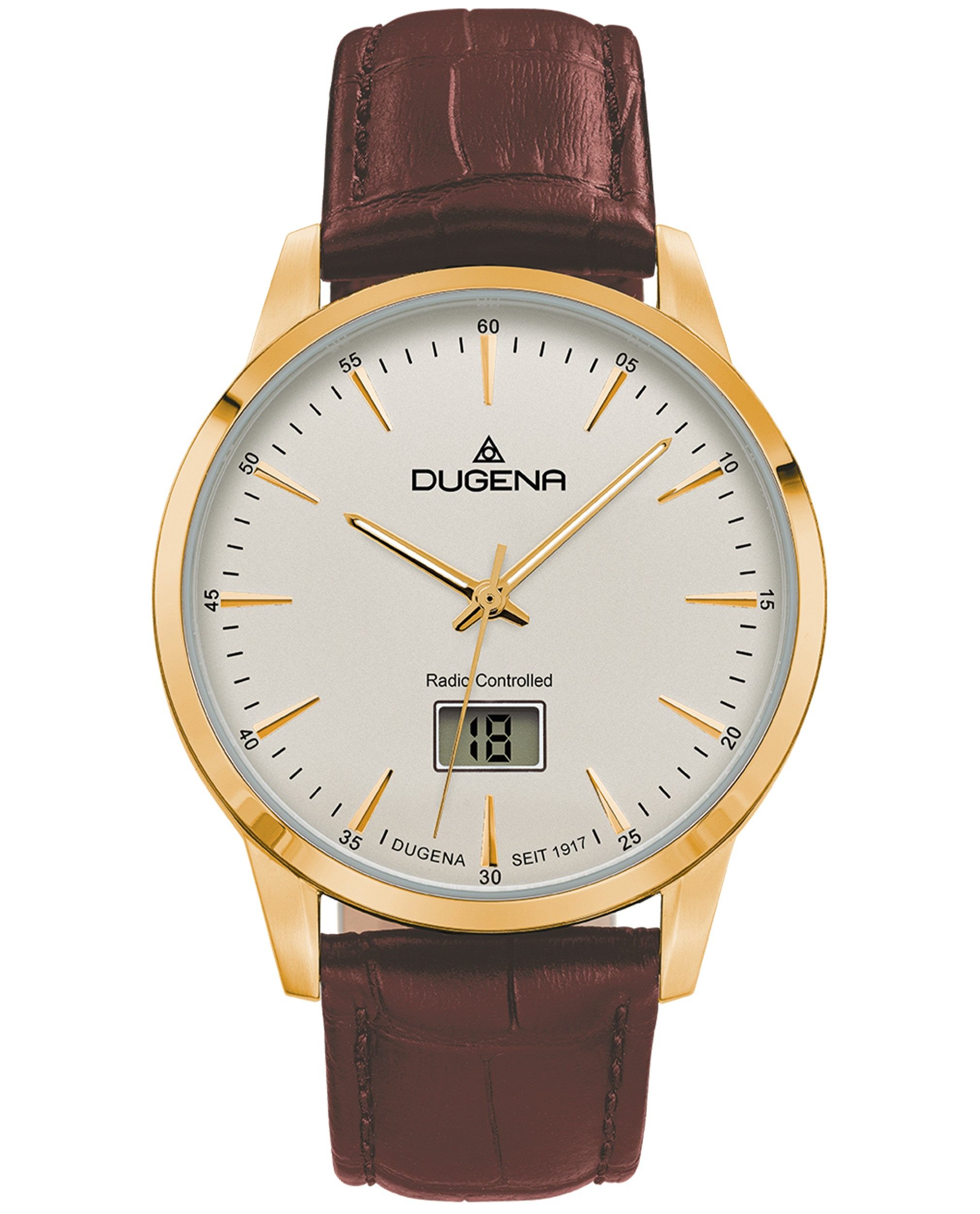 Dugena Funkuhr Dugena Herren-Uhr Momentum Funk Quarz Leder-Armband Gold-Ton 4460860
