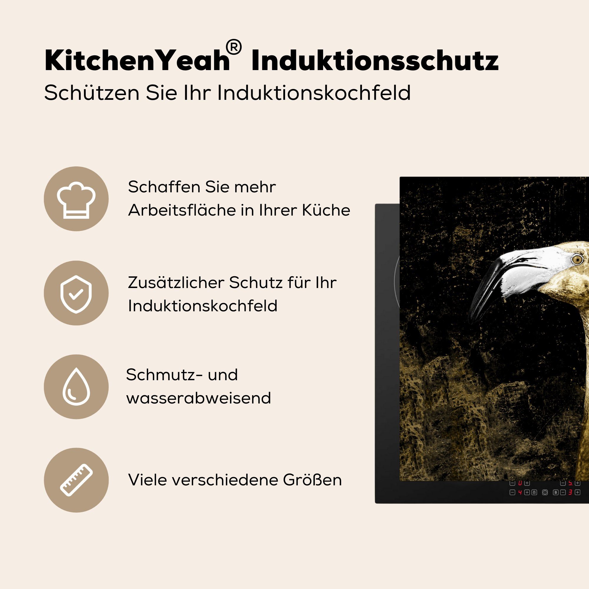 MuchoWow Herdblende-/Abdeckplatte küche - für Flamingo (1 78x78 - Vinyl, tlg), Arbeitsplatte Vogel - cm, Gold, Ceranfeldabdeckung, Blätter