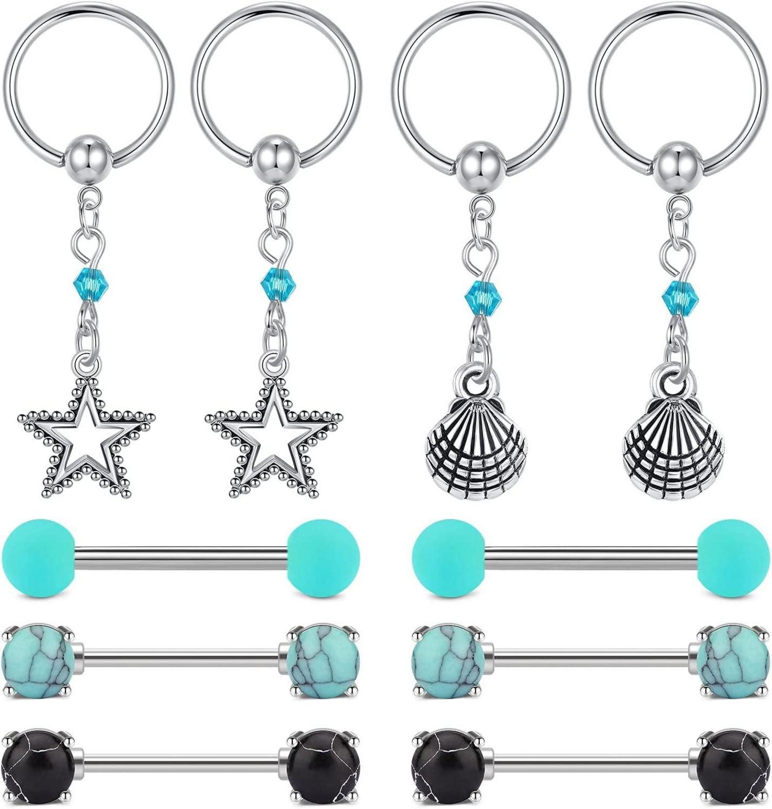 D.Bella Brustwarzenpiercing 14G Chirurgenstahl Brustwarzenpiercing Set Schwarz 10 Stk