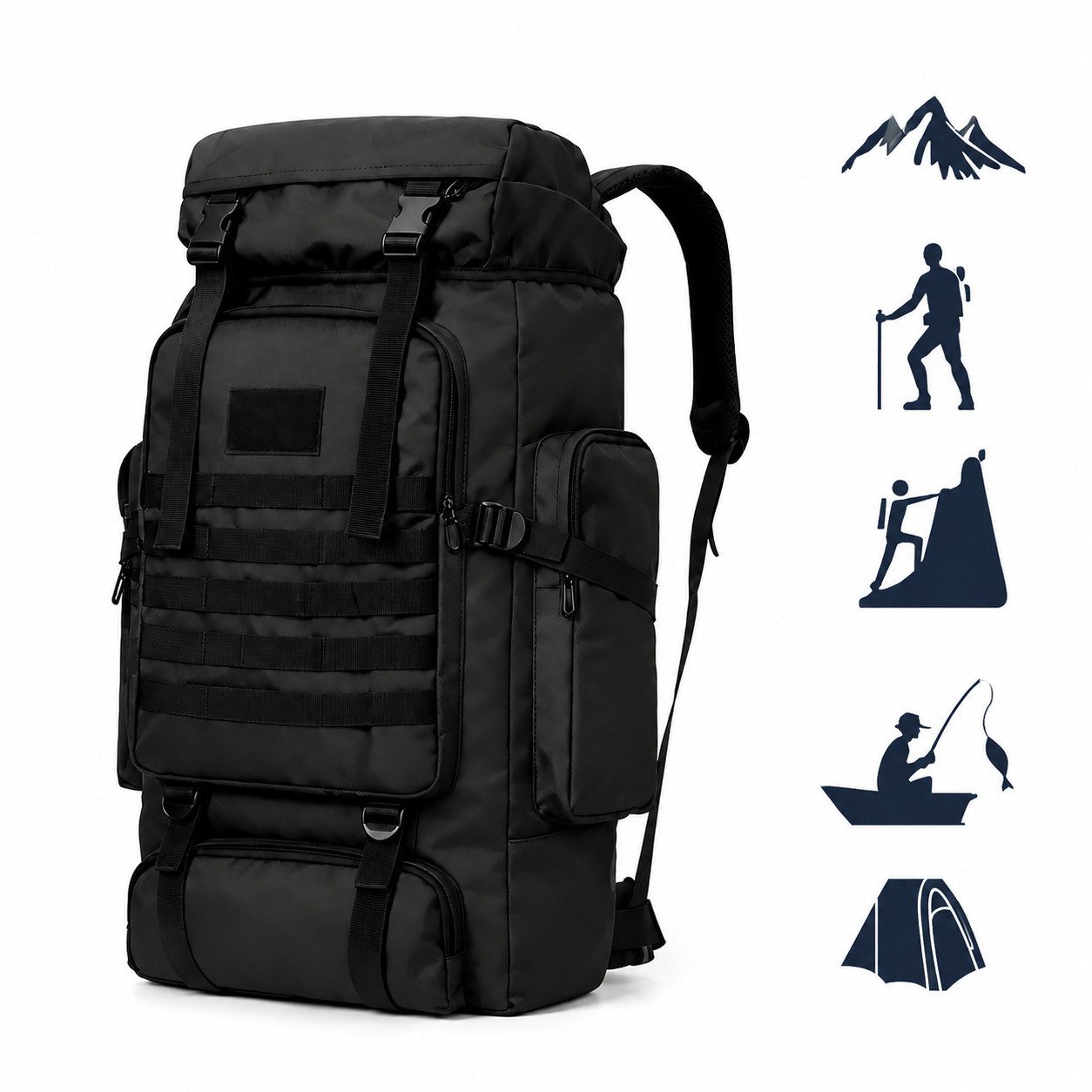 Forrlite Trekkingrucksack Camping Hiking Backpack Sports Bag for Men and Women Hiking, Camping (Tactical Rucksack Schwarz 80L taktisch MOLLE), Separatem Schuhfach, wasserdicht, ultraleicht und reißfest