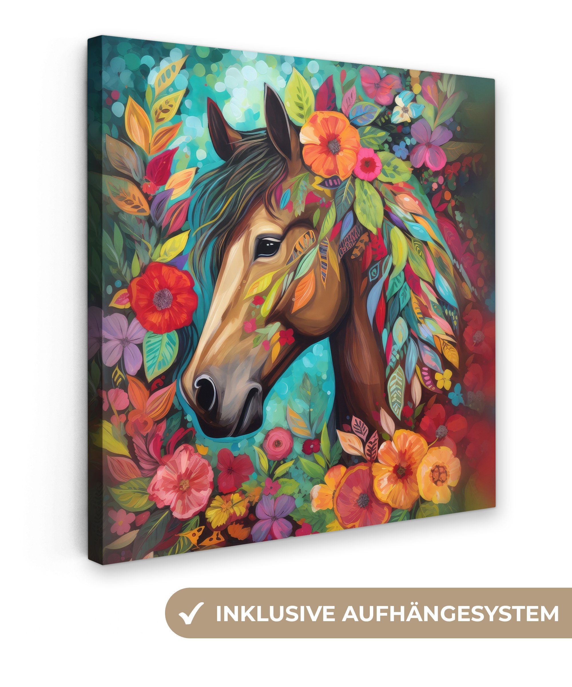OneMillionCanvasses® Leinwandbild Pferd - Blumen - Malerei - Natur - Farbe, (1 St), Leinwand Bilder für Wohnzimmer Schlafzimmer, 20x20 cm