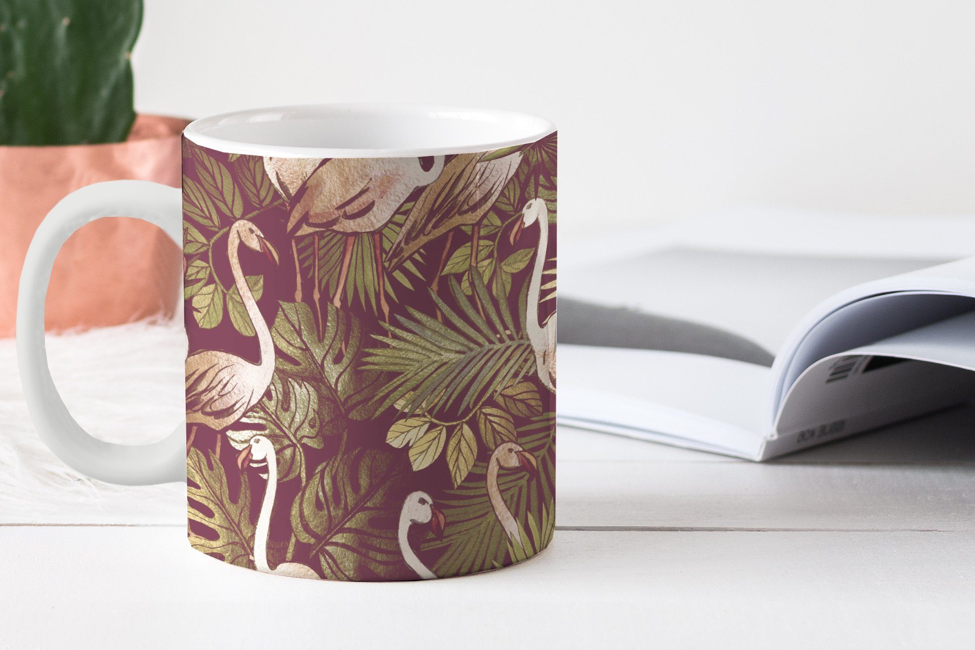 Keramik, Vintage Teetasse, MuchoWow Blätter - Muster, Teetasse, Dschungel Becher, Tasse Geschenk Flamingo - Kaffeetassen, - -