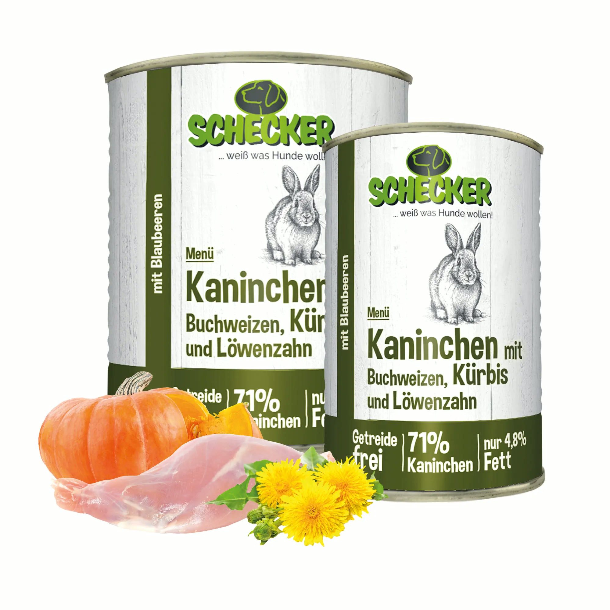 Schecker Hundemenü Kaninchen mit Buchweizen, Kürbis + Löwenzahn, Alleinfuttermittel für: Hunde, ohne Farbstoffe, ohne Konservierungsstoffe, ohne Geschmacksverstärker
