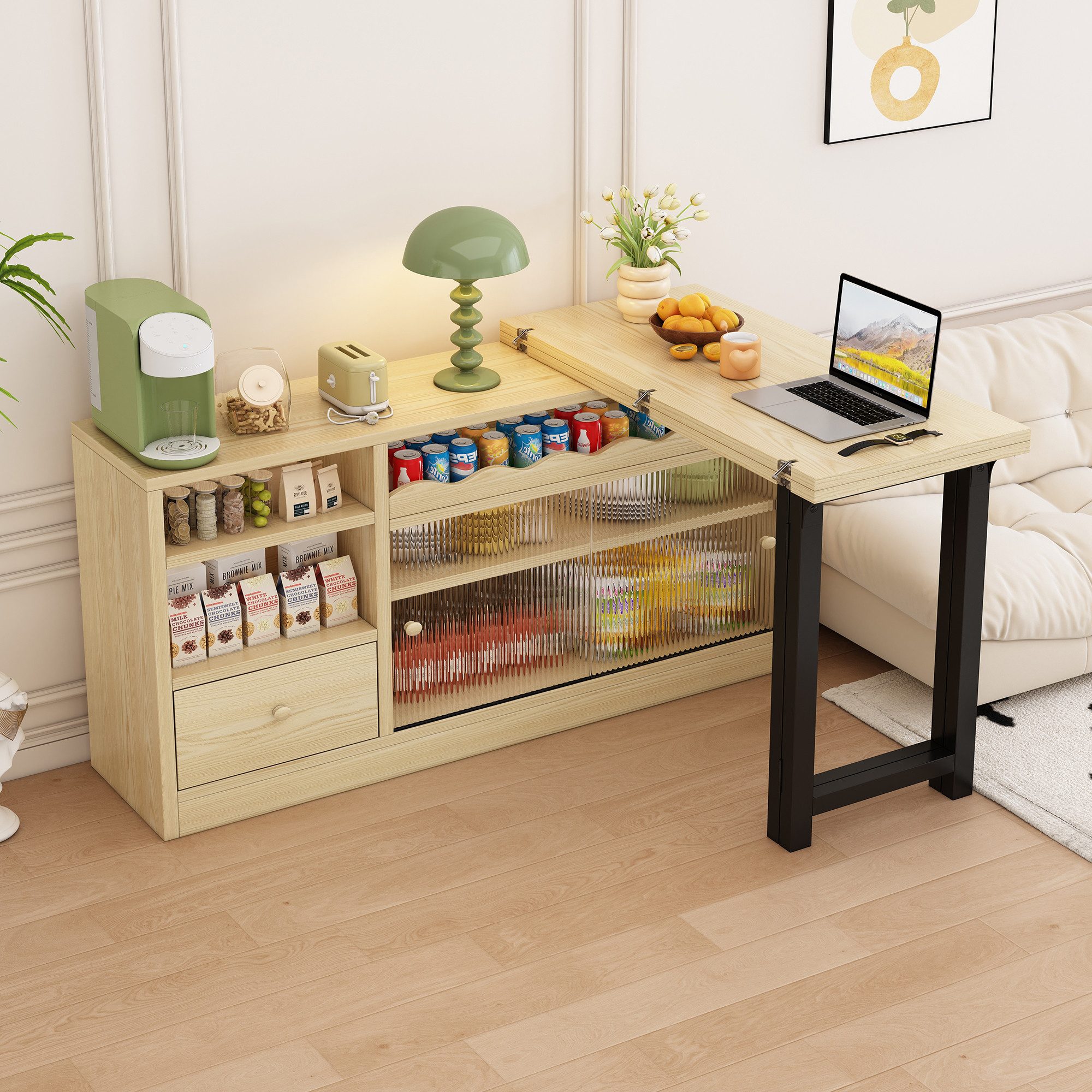 STILVORA Bartisch mit Tischplatte ausziehbar,Küchenschrank Bartisch mit Schublade (Ausziehbarer Klapp-Esstisch, 3 Raumschichten, 1 Schublade, 3 offenen Gitter, 2 Glasschiebetür), 360° drehbar, mit Klappbarer Esstisch