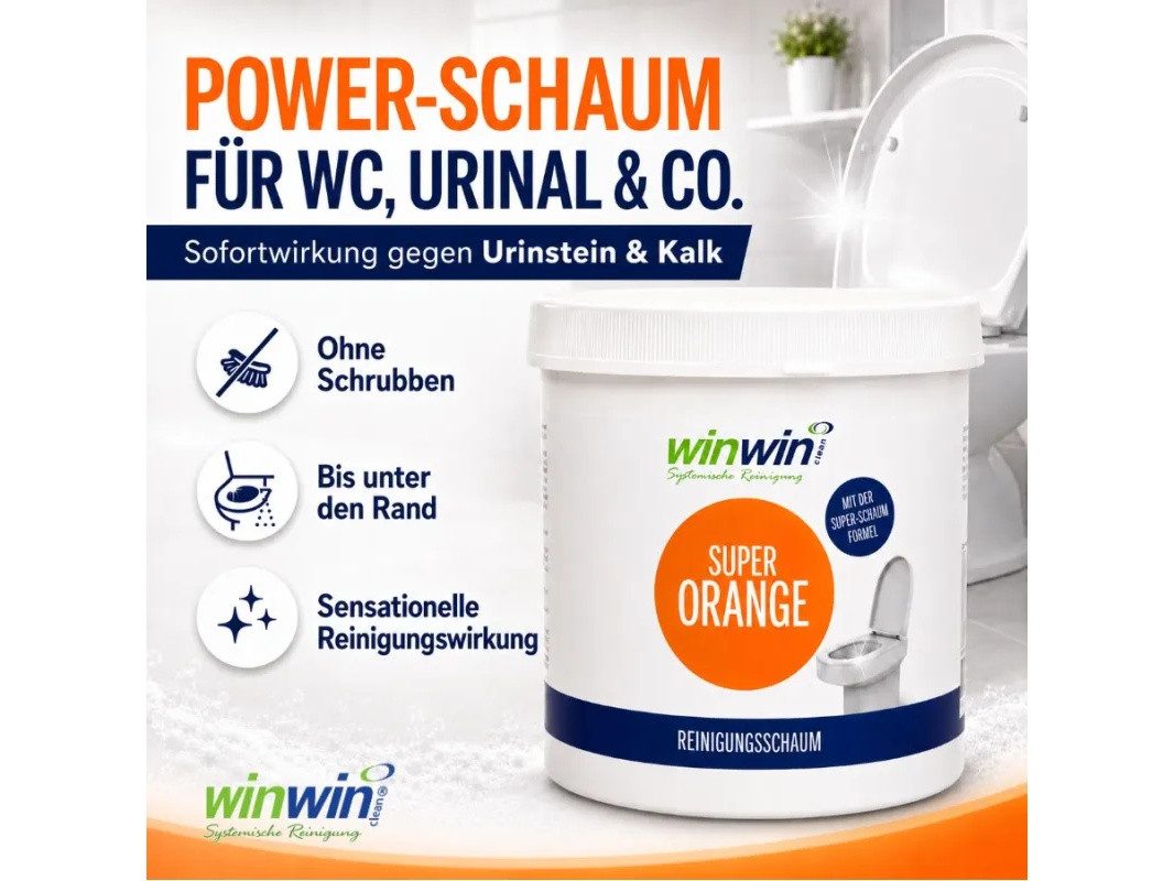winwinCLEAN Super WC Schaum Universalpulver mit Messbecher Kalk I Urinstein I Fett Universalreiniger (1x Super WC-Reiniger Universalschaum 1kg Entfernt Urinstein, Kalk und Fett – mit frischem Duft)
