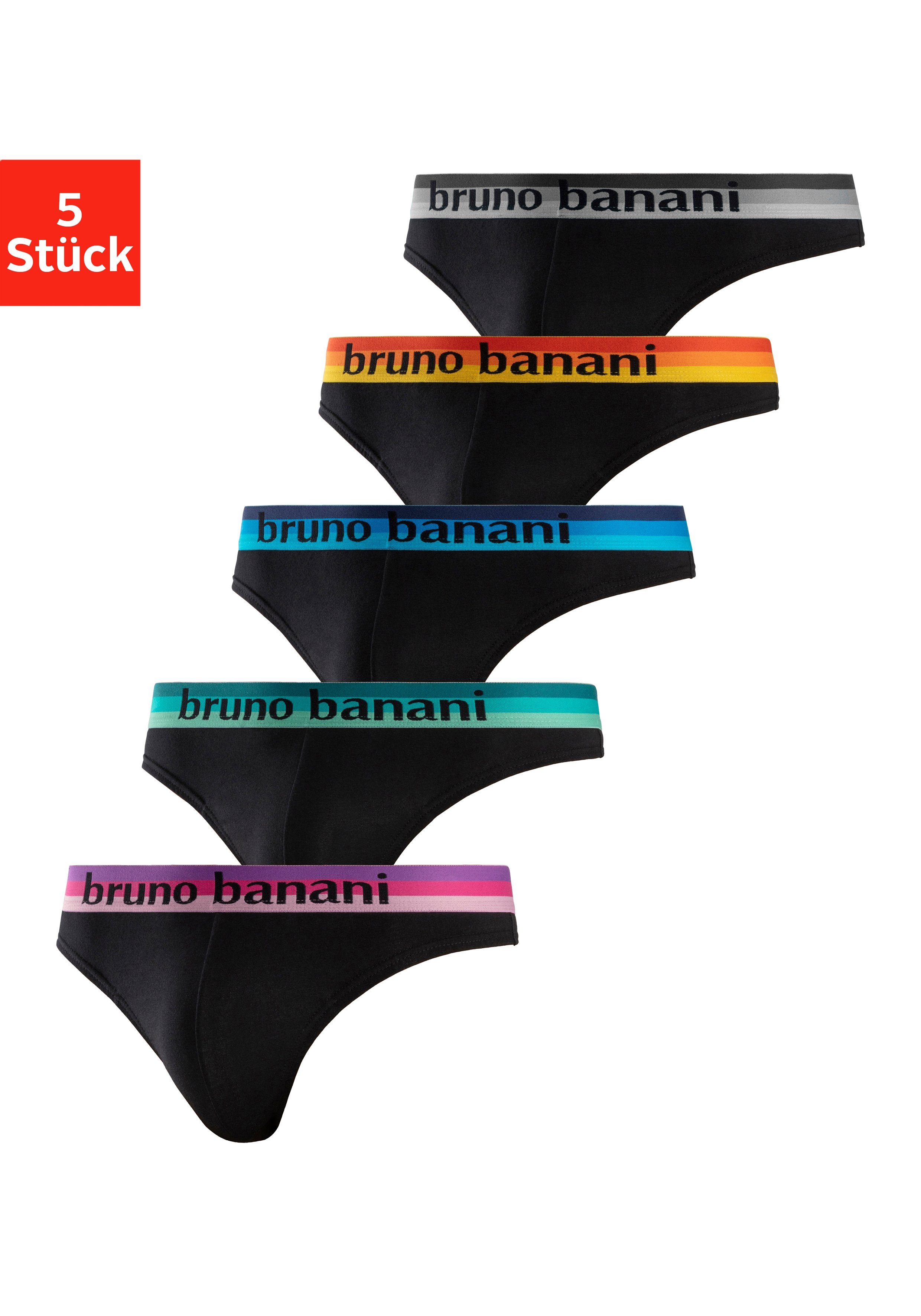 Bruno Banani String (Packung, 5-St) mit Streifen Logo Webbund schwarz-blau, schwarz-pink, schwarz-mint, schwarz-gelb, schwarz-grau