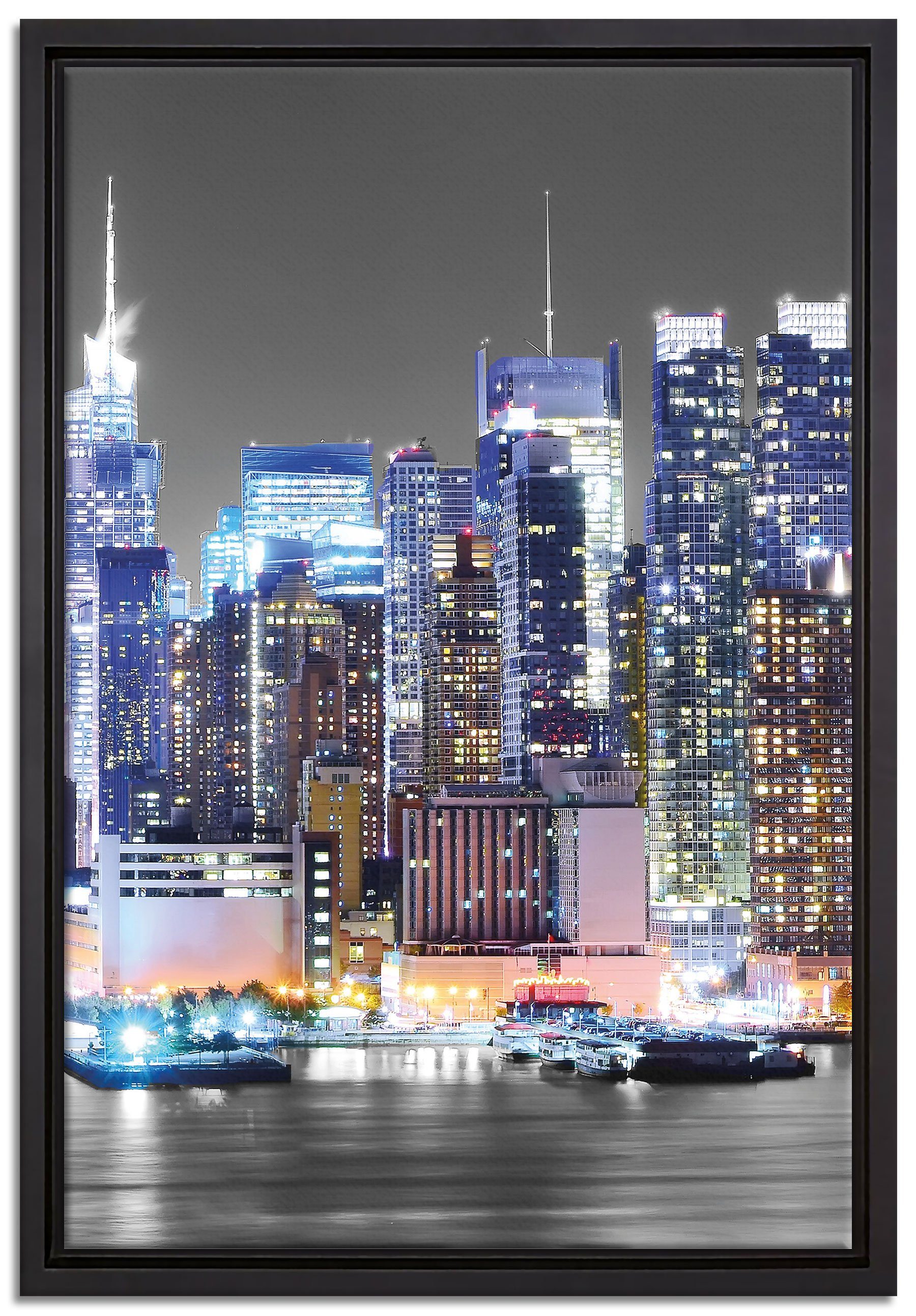Pixxprint Leinwandbild New Yorker Skyline bei Nacht, Wanddekoration (1 St), Leinwandbild fertig bespannt, in einem Schattenfugen-Bilderrahmen gefasst, inkl. Zackenaufhänger