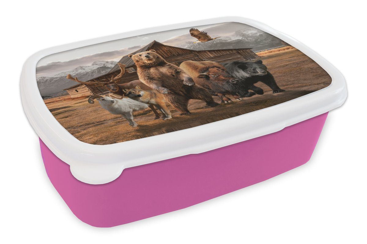 MuchoWow Lunchbox Bär - Kunststoff Big Mädchen, Five - für Kunststoff, Kinder, Brotbox (2-tlg), Tiere, Erwachsene, Snackbox, Brotdose rosa