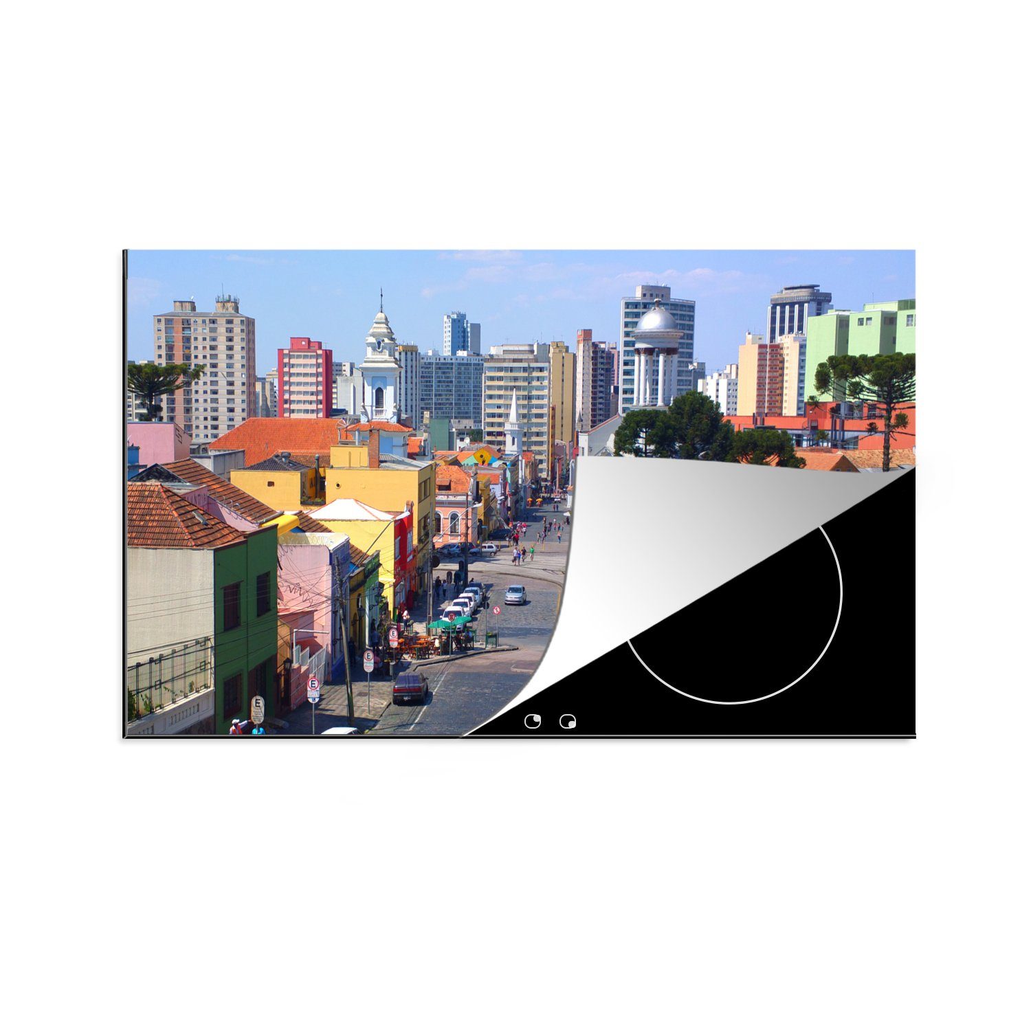 MuchoWow Herdblende-/Abdeckplatte Tropische Farben Historisches Zentrum von Curitiba Brasilien, Vinyl, (1 tlg), 83x51 cm, Ceranfeldabdeckung, Arbeitsplatte für küche