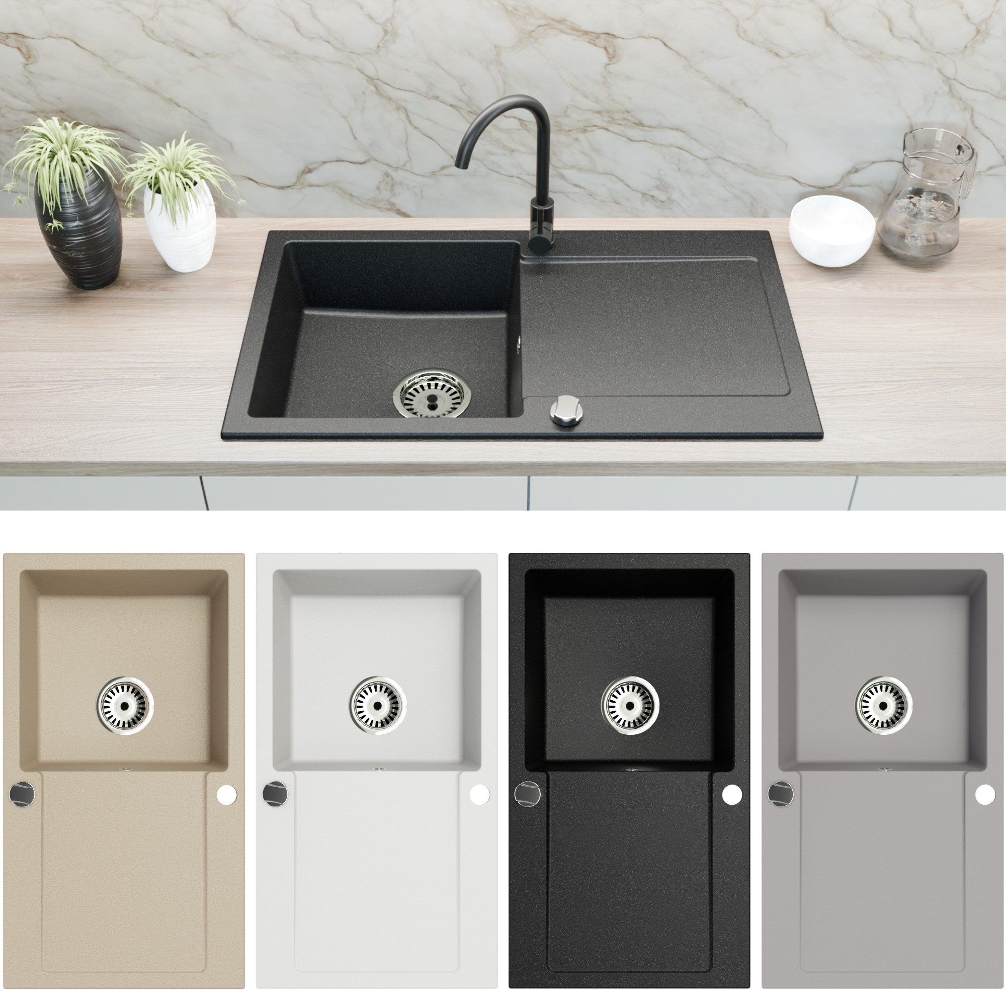 Faizee Home Granitspüle Faizee Home Granitspüle 90x50 cm, eckig, mit Abtropffläche & Siphon