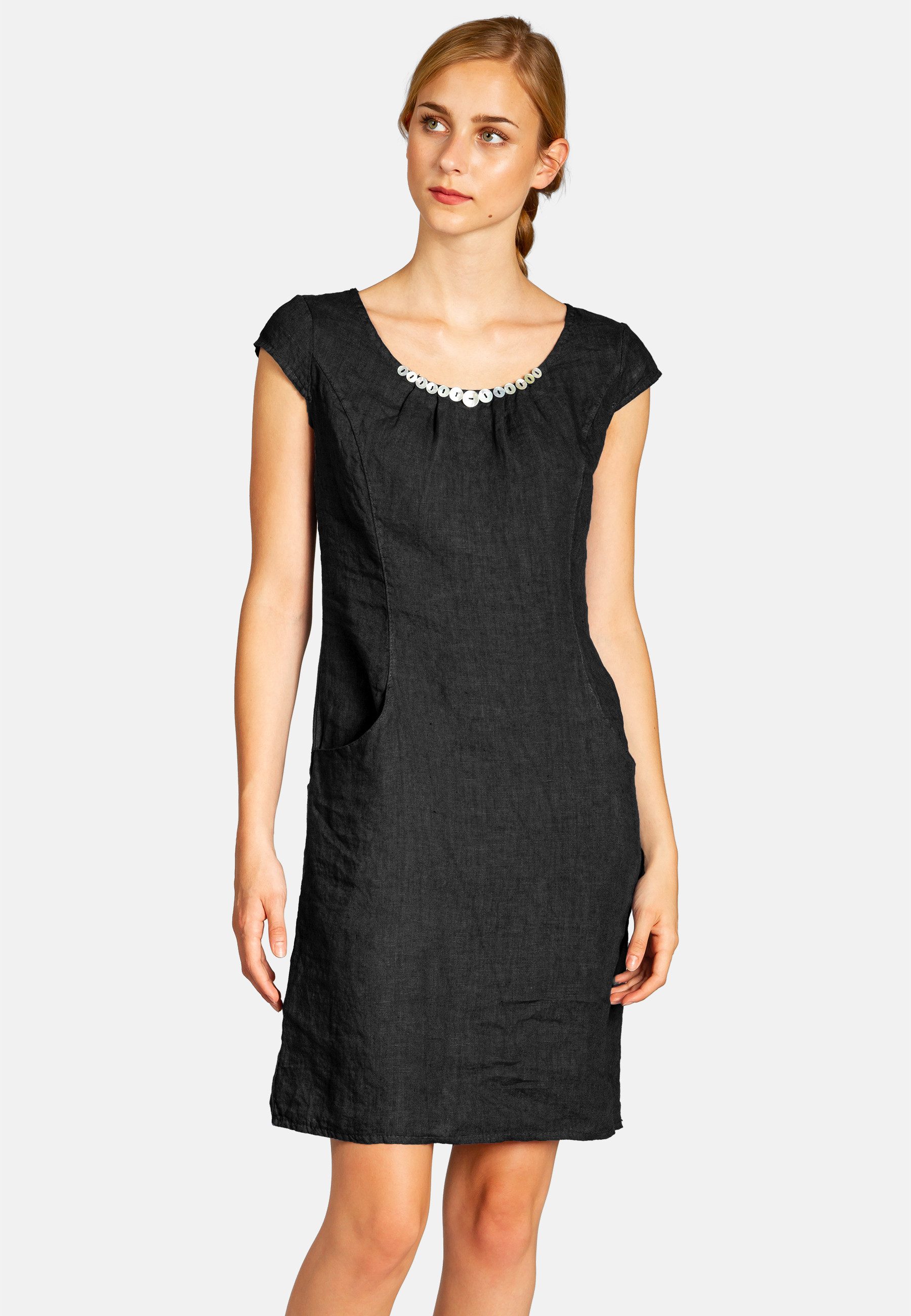Caspar Sommerkleid SKL018 knielanges Damen Sommer Leinenkleid mit Perlmutt Knöpfe Dekor figurumspielender Schnitt, luftig leicht, angenehm kühlend – Bild 3 von 5