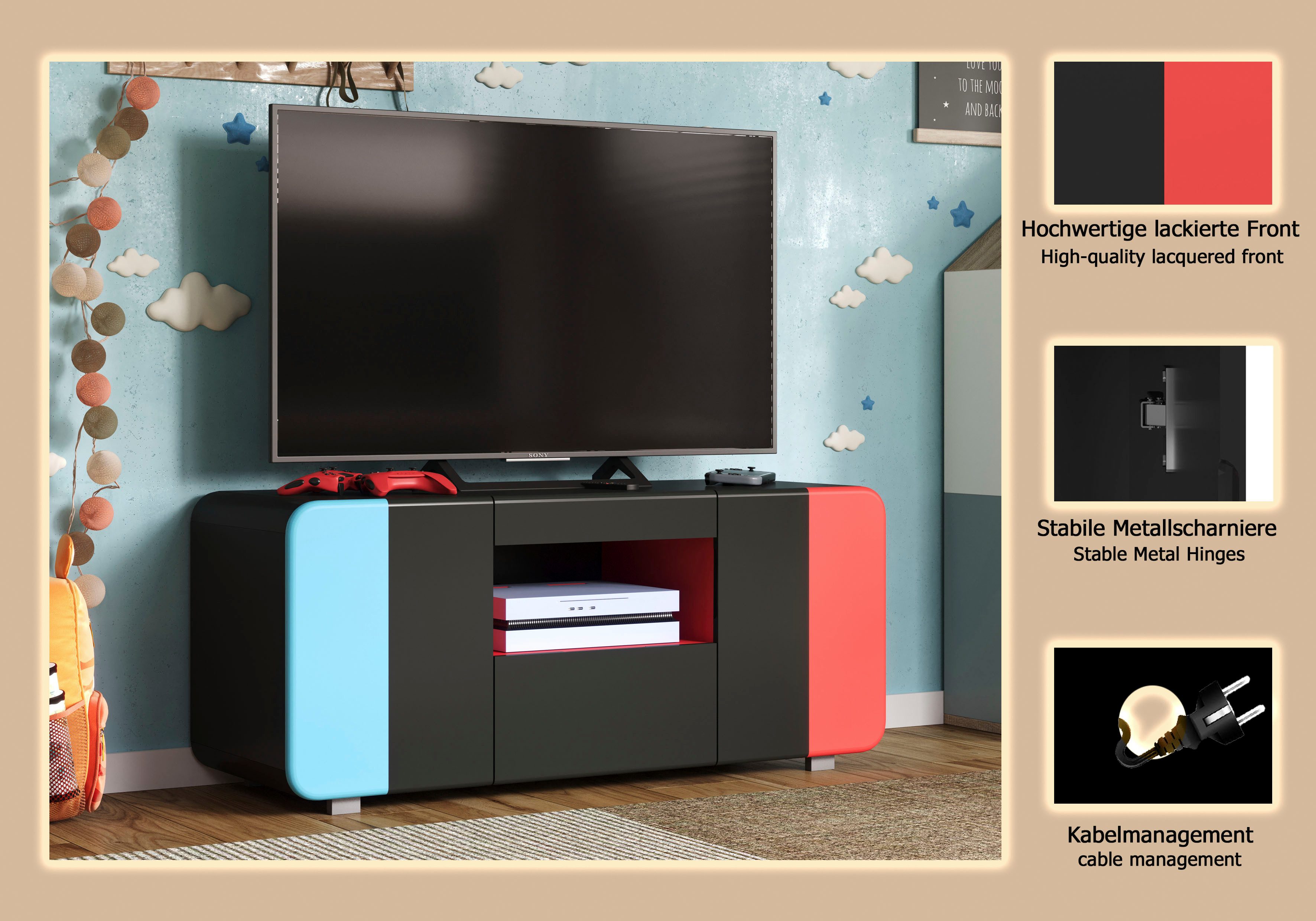 INOSIGN Lowboard NextLevel speziell geeignet für Spielekonsolen, Gaming-Lowboard wahlweise mit Beleuchtung - (B/T/H) 115/42/49 cm