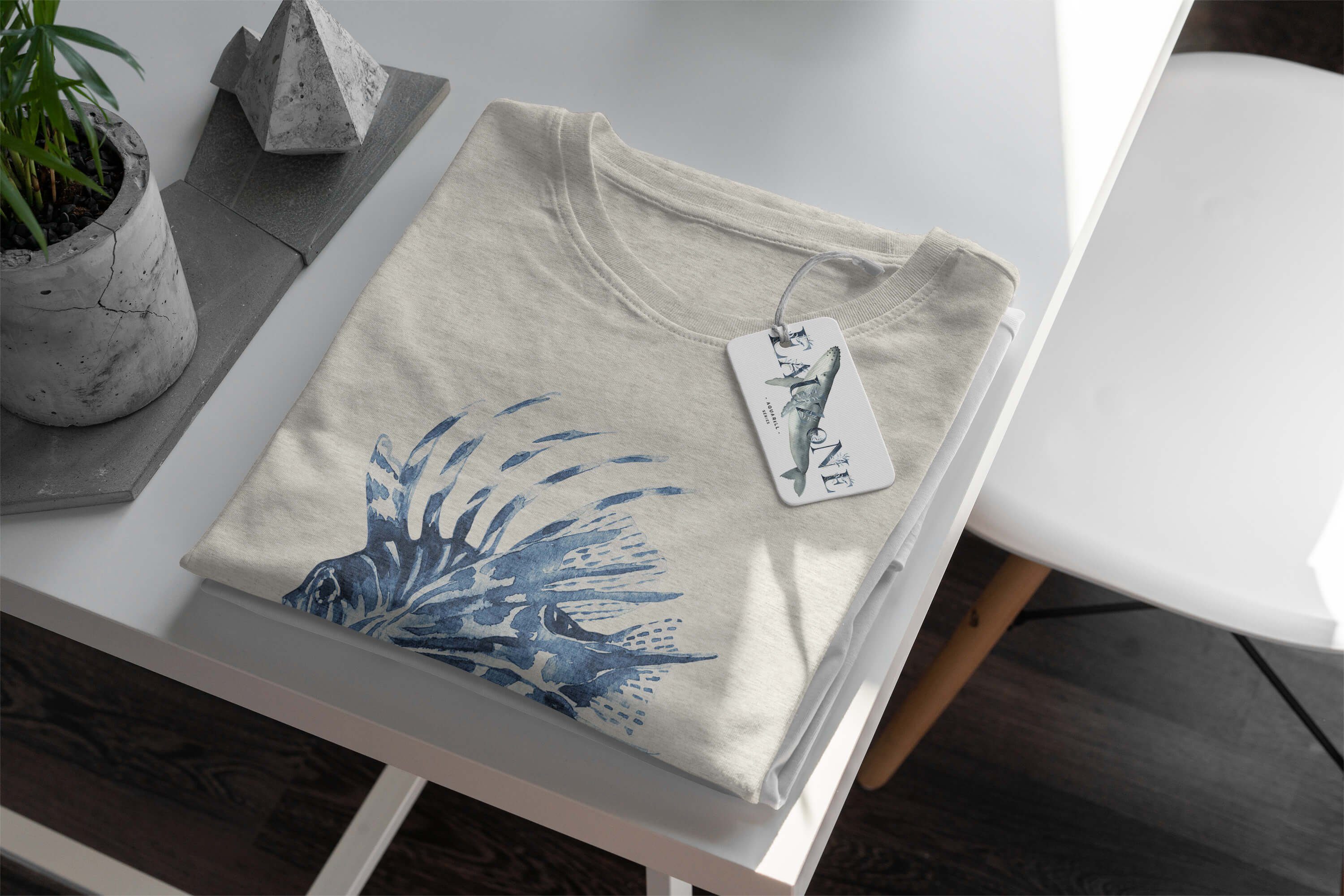 gekämmte Shirt Sinus 100% Bio-Baumwolle (1-tlg) T-Shirt Motiv Wasserfarben Herren Stachelfisch Art T-Shirt Nachhaltig Ökomode