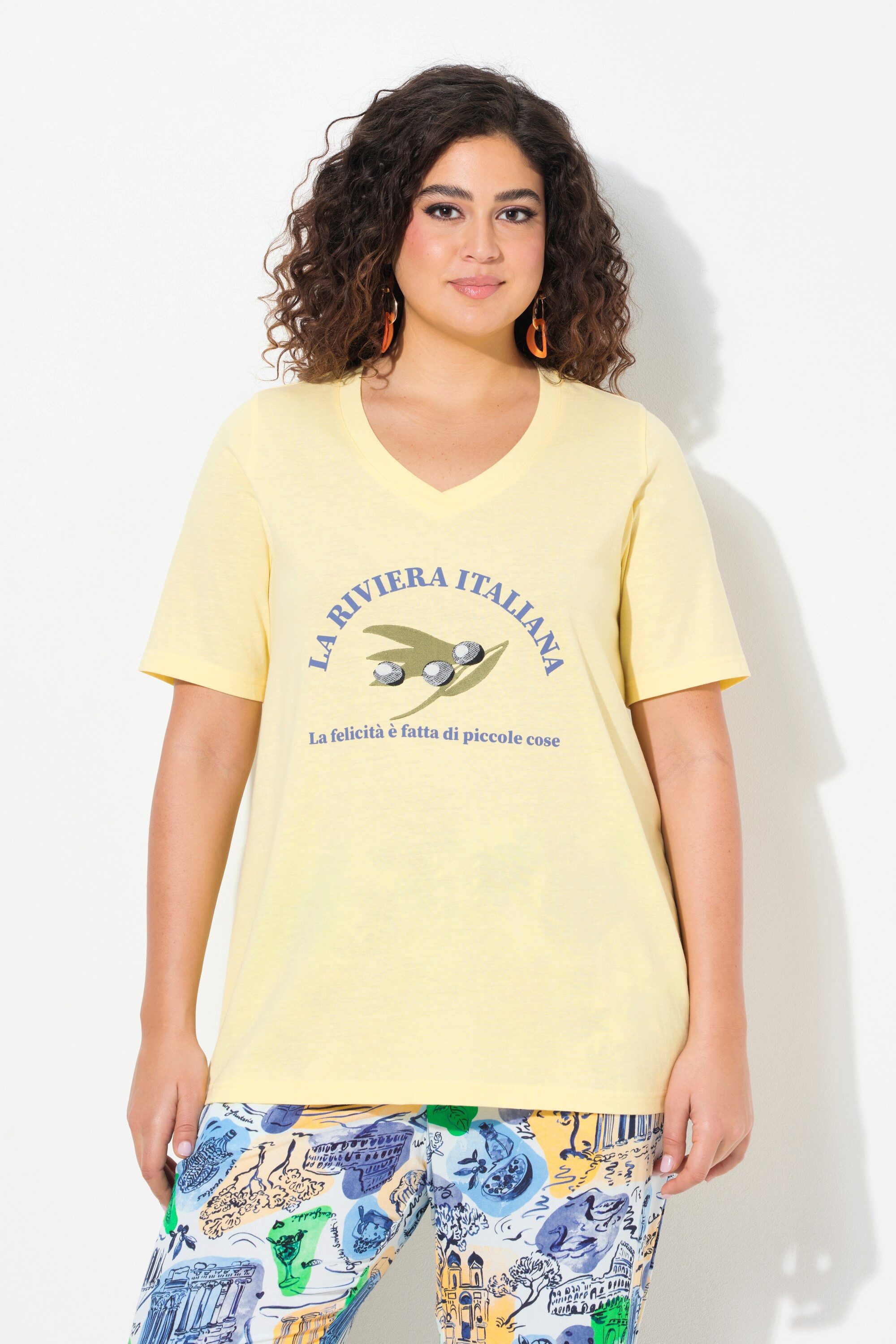 Ulla Popken T-Shirt T-Shirt Stickerei A-Linie V-Ausschnitt Halbarm günstig online kaufen