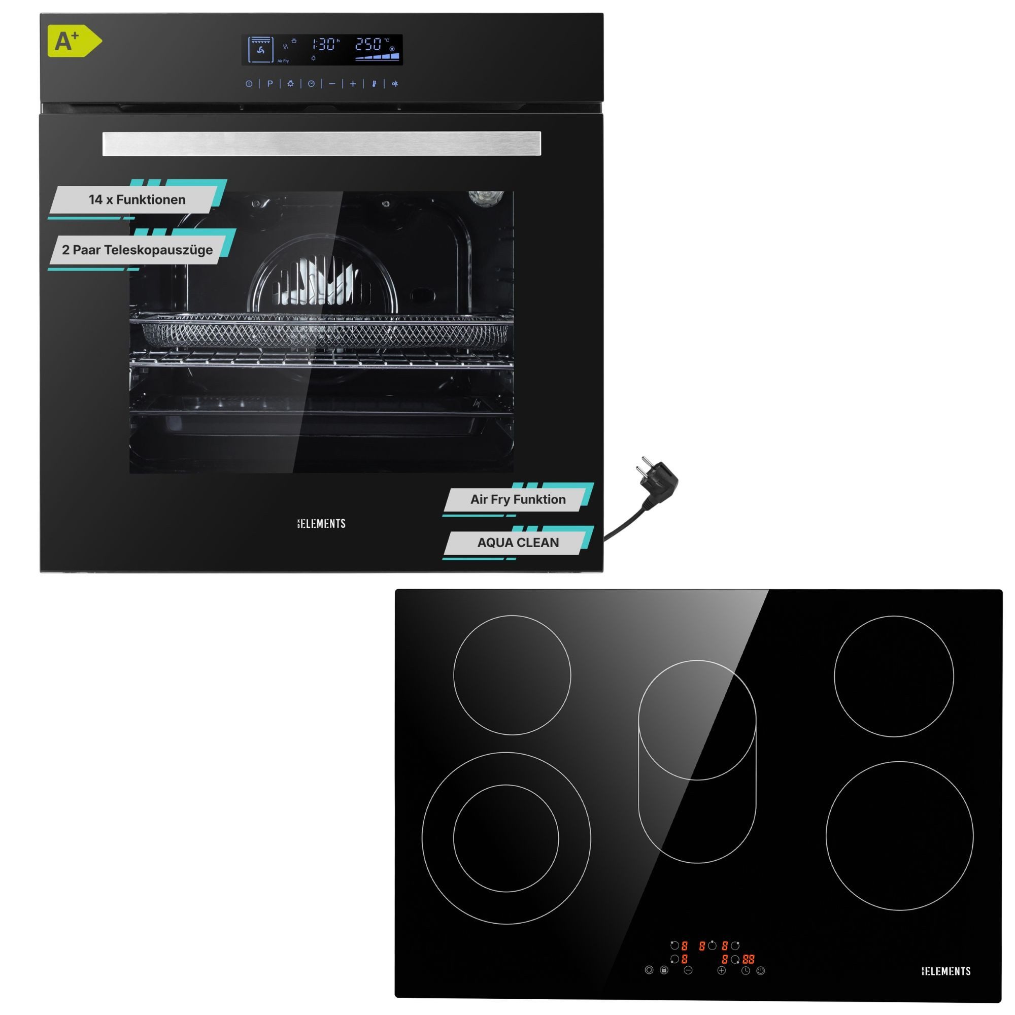 KB Elements Elektro-Herd-Set Einbaubackofen 60 cm mit 5-Zonen Glaskeramik Kochfeld 77 cm, mit 2-fach-Teleskopauszug, AQUA CLEAN, Einbaubackofen Full Touch mit 15 Funktionen, Air Fry Funktion